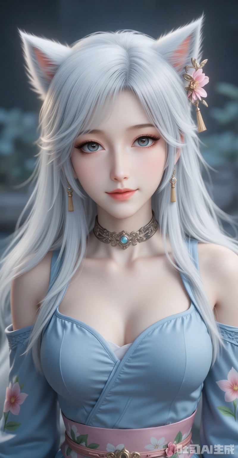 yinyue,1girl,animal ears,long hair,earrings,jewelry,white hair,blue eyes,wolf ears,lips,1girl,breasts,solo,japanese clothes,hair ornament,kimono,flower,hair flower,sash,blue kimono,large breasts,choker,looking at viewer,cleavage,bare shoulders,obi,off shoulder,earrings,smile,jewelry,floral print,closed mouth,makeup,from side,long sleeves, cover,gradient background,close-up details,outstanding style,adding a touch of dimension to your images without compromising details,close-up,,lvjing,,