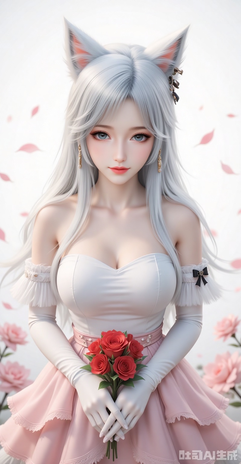 yinyue,1girl,animal ears,long hair,earrings,jewelry,white hair,blue eyes,wolf ears,lips,elbow_gloves,frilled_skirt,holding_bouquet,highres,cherry_blossoms,strapless_dress,white_gloves,looking_at_viewer,red_flower,solo,collarbone,own_hands_together,:d,white_background,backlighting,black_bow,bare_shoulders,frilled_dress,hair_bow,wedding_dress,commentary_request,1girl,petals,simple_background,blush,cowboy_shot, cover,gradient background,close-up details,outstanding style,adding a touch of dimension to your images without compromising details,close-up,,lvjing,,