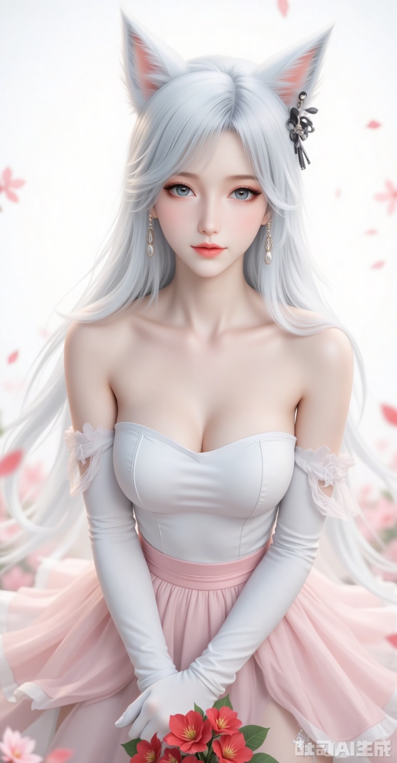 yinyue,1girl,animal ears,long hair,earrings,jewelry,white hair,blue eyes,wolf ears,lips,elbow_gloves,frilled_skirt,holding_bouquet,highres,cherry_blossoms,strapless_dress,white_gloves,looking_at_viewer,red_flower,solo,collarbone,own_hands_together,:d,white_background,backlighting,black_bow,bare_shoulders,frilled_dress,hair_bow,wedding_dress,commentary_request,1girl,petals,simple_background,blush,cowboy_shot, cover,gradient background,close-up details,outstanding style,adding a touch of dimension to your images without compromising details,close-up,,lvjing,,