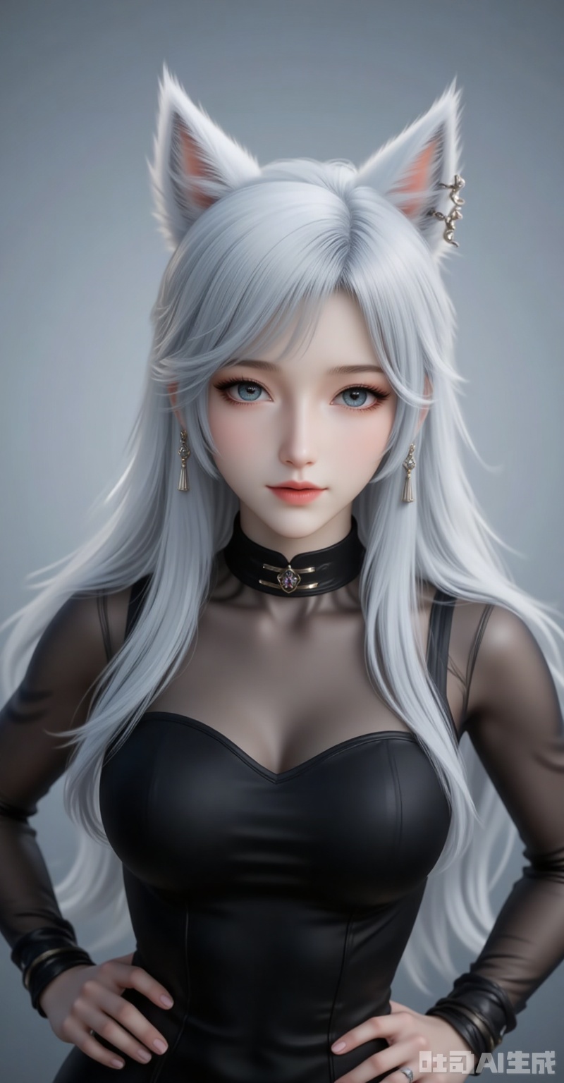 yinyue,1girl,animal ears,long hair,earrings,jewelry,white hair,blue eyes,wolf ears,lips,1girl,solo,jewelry,earrings,see-through,dress,upper body,black dress,hand on own hip,breasts,see-through sleeves, cover,gradient background,close-up details,outstanding style,adding a touch of dimension to your images without compromising details,close-up,,lvjing,,