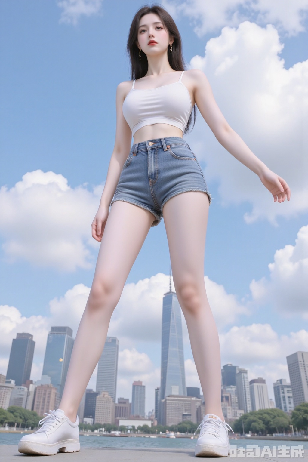 1girl,black hair,viewed from below,shot from bottom to top,wearing denim shorts,shoes close to the camera,full body,standing,long hair,looking at the audience,outdoors,shoes,shorts,sports shoes,solo,wind,belt,blue sky,blurry background,skyscrapers,buildings,cities,clouds,cloudy sky,sky,depth of field,earrings,., sw, cy,yyzs,zmyp,mn