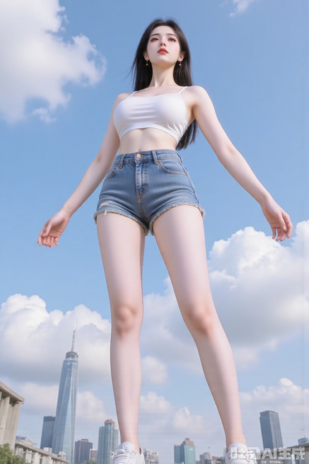 1girl,black hair,viewed from below,shot from bottom to top,wearing denim shorts,shoes close to the camera,full body,standing,long hair,looking at the audience,outdoors,shoes,shorts,sports shoes,solo,wind,belt,blue sky,blurry background,skyscrapers,buildings,cities,clouds,cloudy sky,sky,depth of field,earrings,., sw, cy,yyzs,zmyp,mn