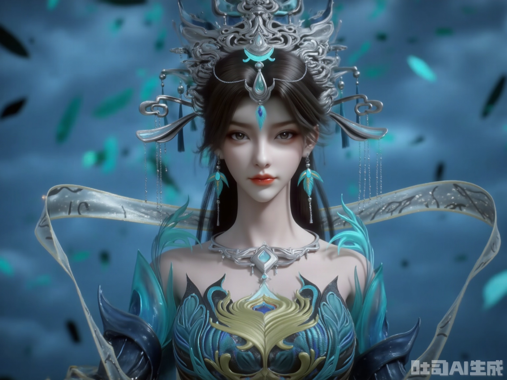 The image depicts a highly detailed and stylized digital artwork of a character. The character is adorned in intricate, flowing garments that feature a blend of blue and gold colors, with a prominent central motif resembling a phoenix or similar mythical creature. The character wears an elaborate headdress with silver and teal elements, including dangling teardrop-shaped ornaments and a central gemstone. The background is a soft, ethereal blue with floating teal leaves, creating a serene and mystical atmosphere. The overall aesthetic is highly polished and fantastical, suggesting a setting in a digital or virtual world.