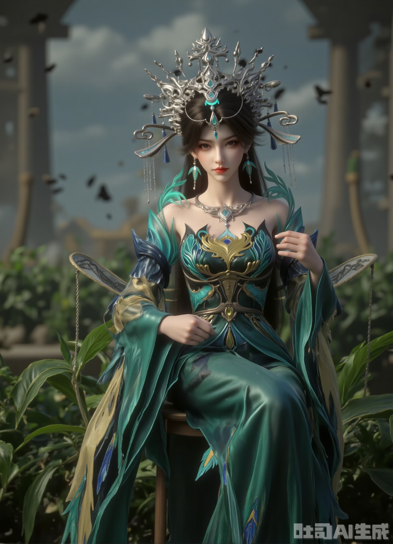 This is an amazing, very detailed work of CGI art, with a beautiful Asian woman with long black hair and complex, gorgeous silver and turquoise jewelry.
This is her full body image, sitting on a swing of green plants, holding the sides of the swing with both hands, wearing a delicate, flowing green and gold robe with silver anklets on her feet, with delicate patterns and high collars. The art style is filled with fantasy elements, emphasizing elegance and sophistication.
The background is a bokeh of Baroque fountain and a frightening blue flash butterfly group. 3D rendering highlights the clever gloss of taffeta and the nebula-transmissing effect of tulle. Each butterfly wing scale reflects moonlight to form a dynamic light spot,zichu-YQF