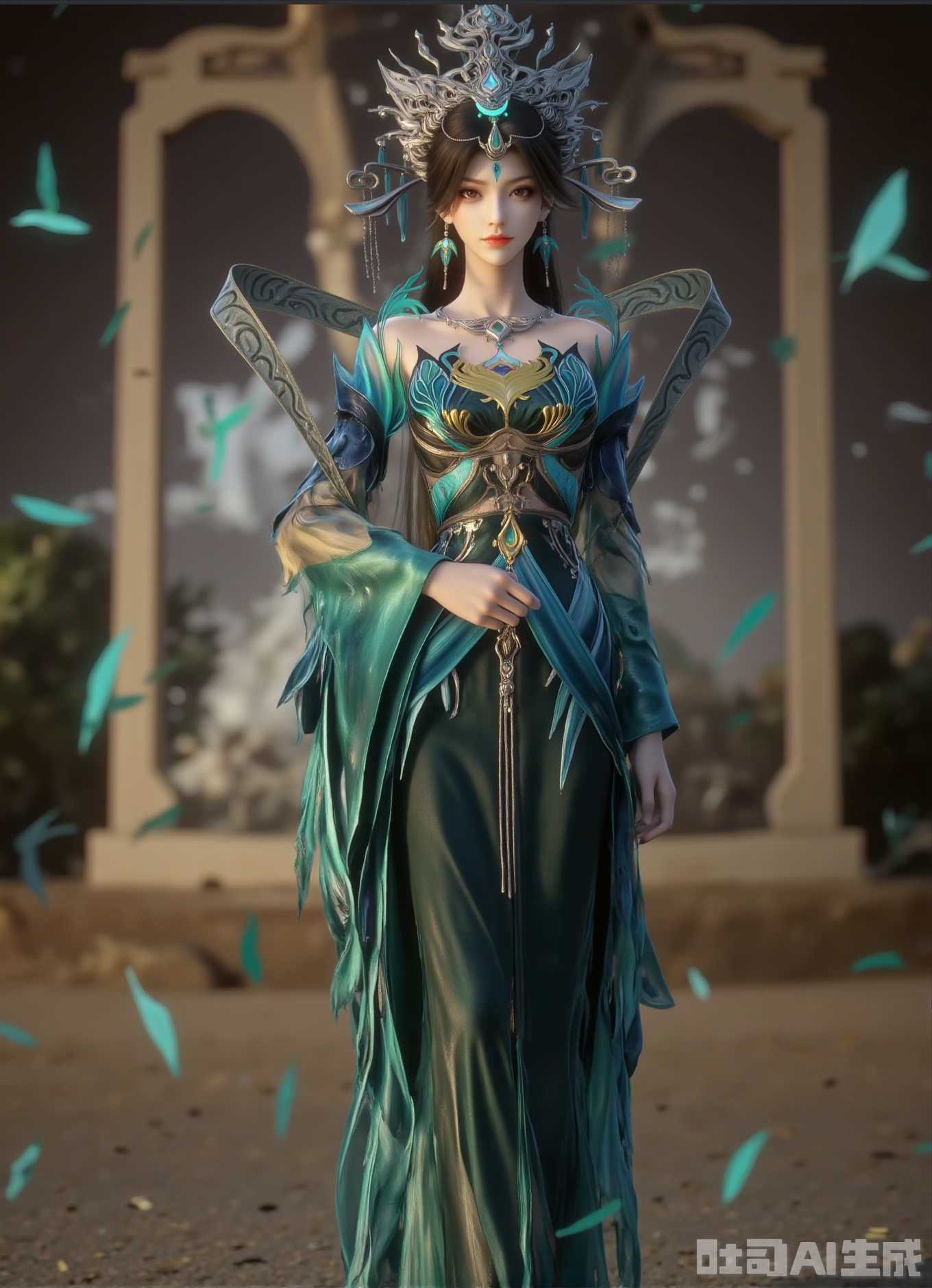 "This is an amazing, very detailed CGI artwork, with a beautiful Asian woman with long black hair and complex, gorgeous silver and turquoise jewelry.
This was her whole body standing solemnly like her, wearing a delicate, flowing green and gold robe with delicate patterns and turtle collars and gold antique sandals on her feet. The art style is filled with fantasy elements, emphasizing elegance and sophistication. "
The background is a bokeh of Baroque fountain and a frightening blue flash butterfly group. 3D rendering highlights the clever gloss of taffeta and the nebula-transmissing effect of tulle. Each butterfly wing scale reflects moonlight to form a dynamic light spot,zichu-YQF
