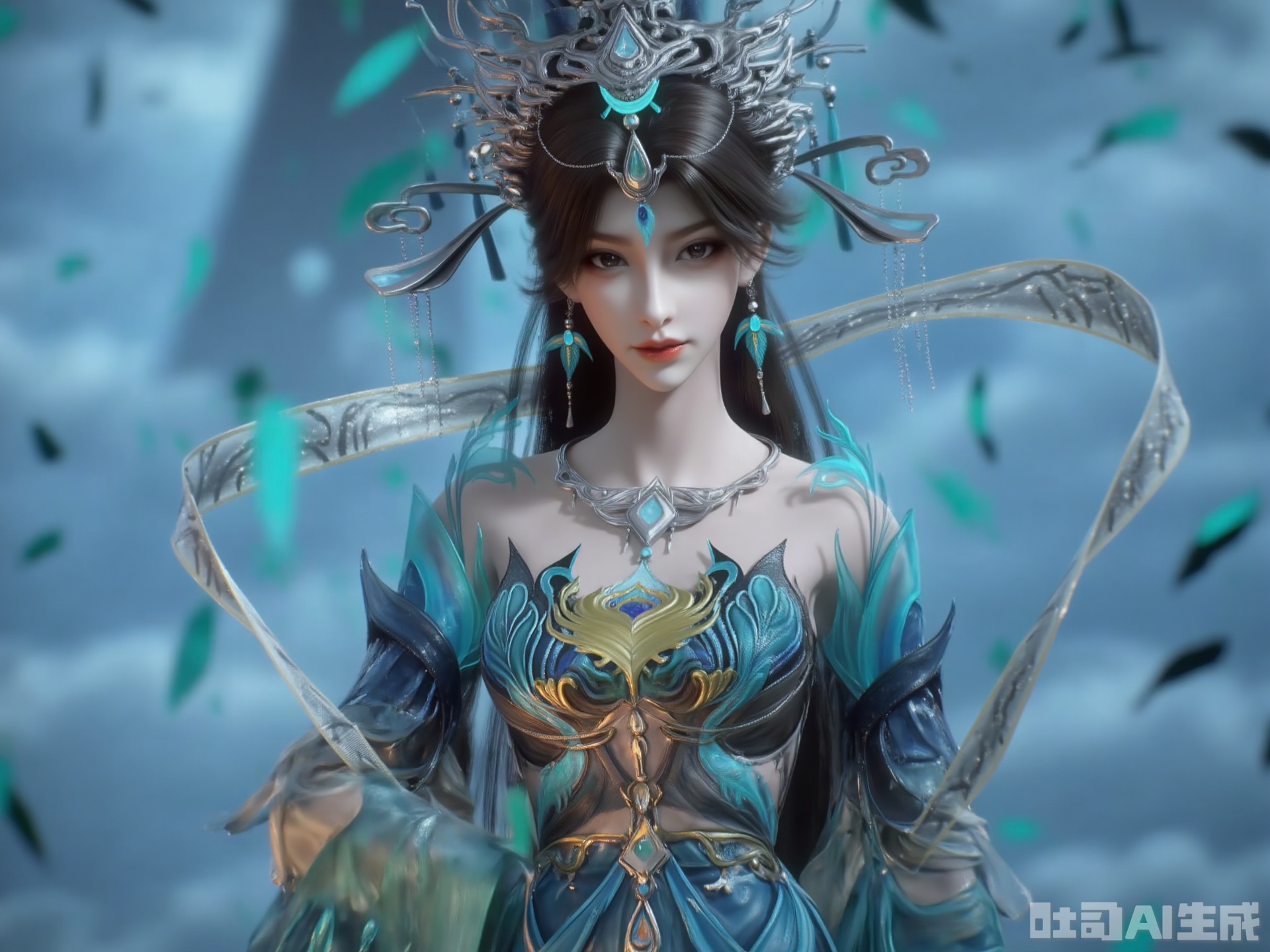 The image depicts a highly detailed and stylized digital artwork of a character. The character is adorned in intricate, flowing garments that feature a blend of blue and gold colors, with a prominent central motif resembling a phoenix or similar mythical creature. The character wears an elaborate headdress with silver and teal elements, including dangling teardrop-shaped ornaments and a central gemstone. The background is a soft, ethereal blue with floating teal leaves, creating a serene and mystical atmosphere. The overall aesthetic is highly polished and fantastical, suggesting a setting in a digital or virtual world.