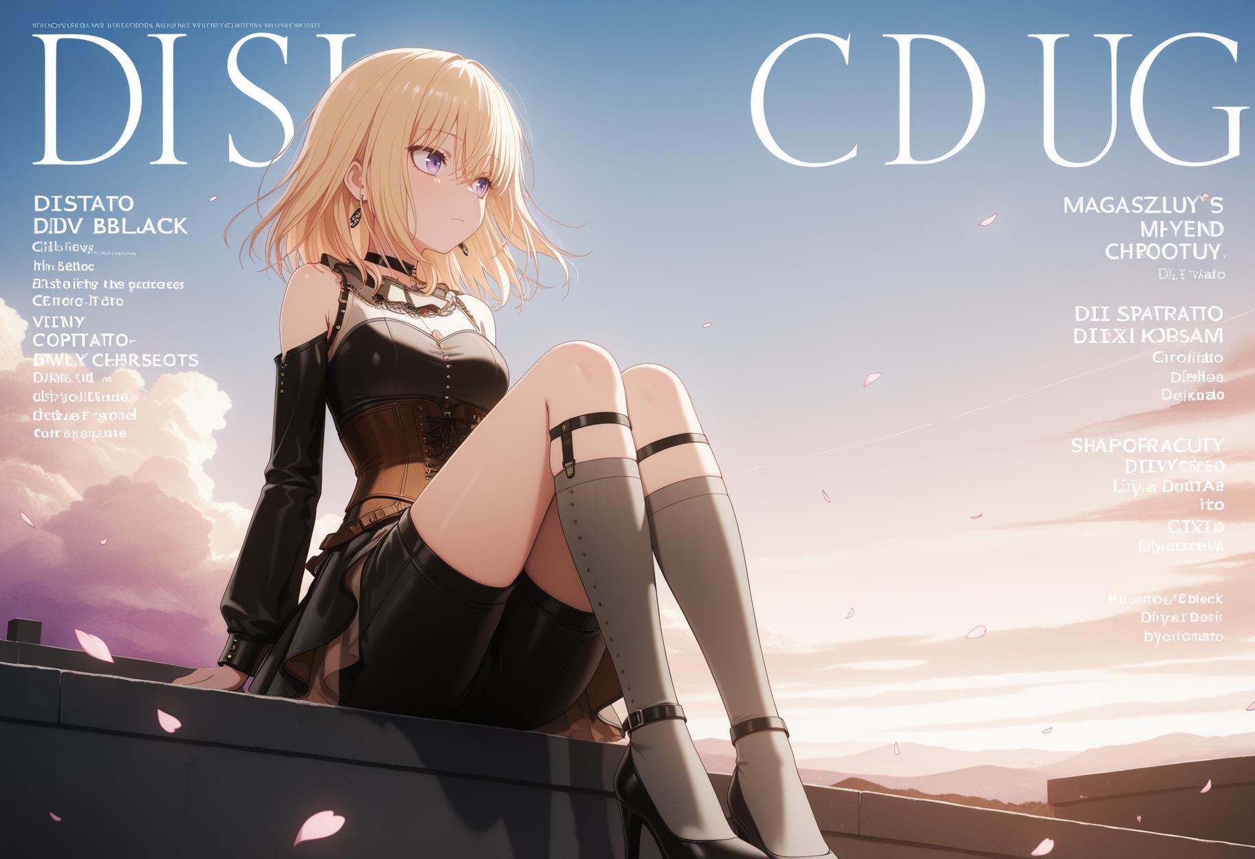 solo,(front view:1.3),looking_away,Cirrocumulus,Cirrostratus,sky,wind,petals,magazine cover,backlighting,text,masterpiece,best quality,amazing quality,very awa,absurdres,newest,very aesthetic,anime coloring,<lora:三角初华:1>,Misumi Uika,blonde hair,hair between eyes,medium hair,purple eyes,diyitao,diyi bare shoulders,diyi black skirt layered,diyi black high heels,diyi black knee-length shorts,diyi brown corset,diyi detached sleeves,diyi earrings,diyi grey knee-high socks,diyi black choker,diyi black legwear garter at knees,