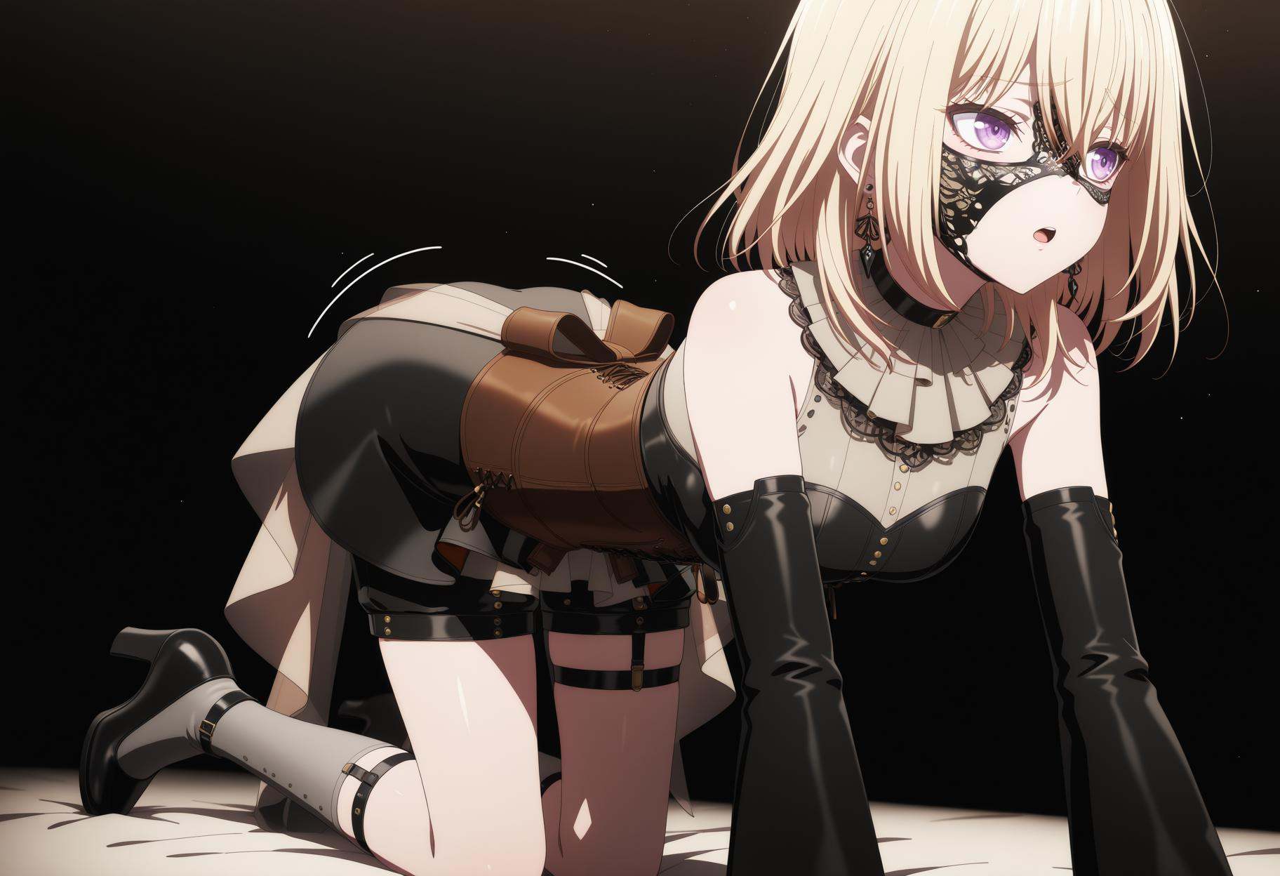 (front view:1.3),looking_away,portrait,backlighting,text,masterpiece,best quality,amazing quality,very awa,absurdres,newest,very aesthetic,seductive_smile,all_fours,anime coloring,Misumi Uika,blonde hair,hair between eyes,medium hair,purple eyes,diyitao,diyi bare shoulders,diyi black skirt layered,diyi black high heels,diyi black knee-length shorts,diyi brown corset,diyi detached sleeves,diyi earrings,diyi grey knee-high socks,diyi black choker,diyi black legwear garter at knees,<lora:三角初华:1>,indoor,(dark:1.1),dark and light,:o,furrowed_brow,diyi black mask,motion lines,open mouth wide,black background, 