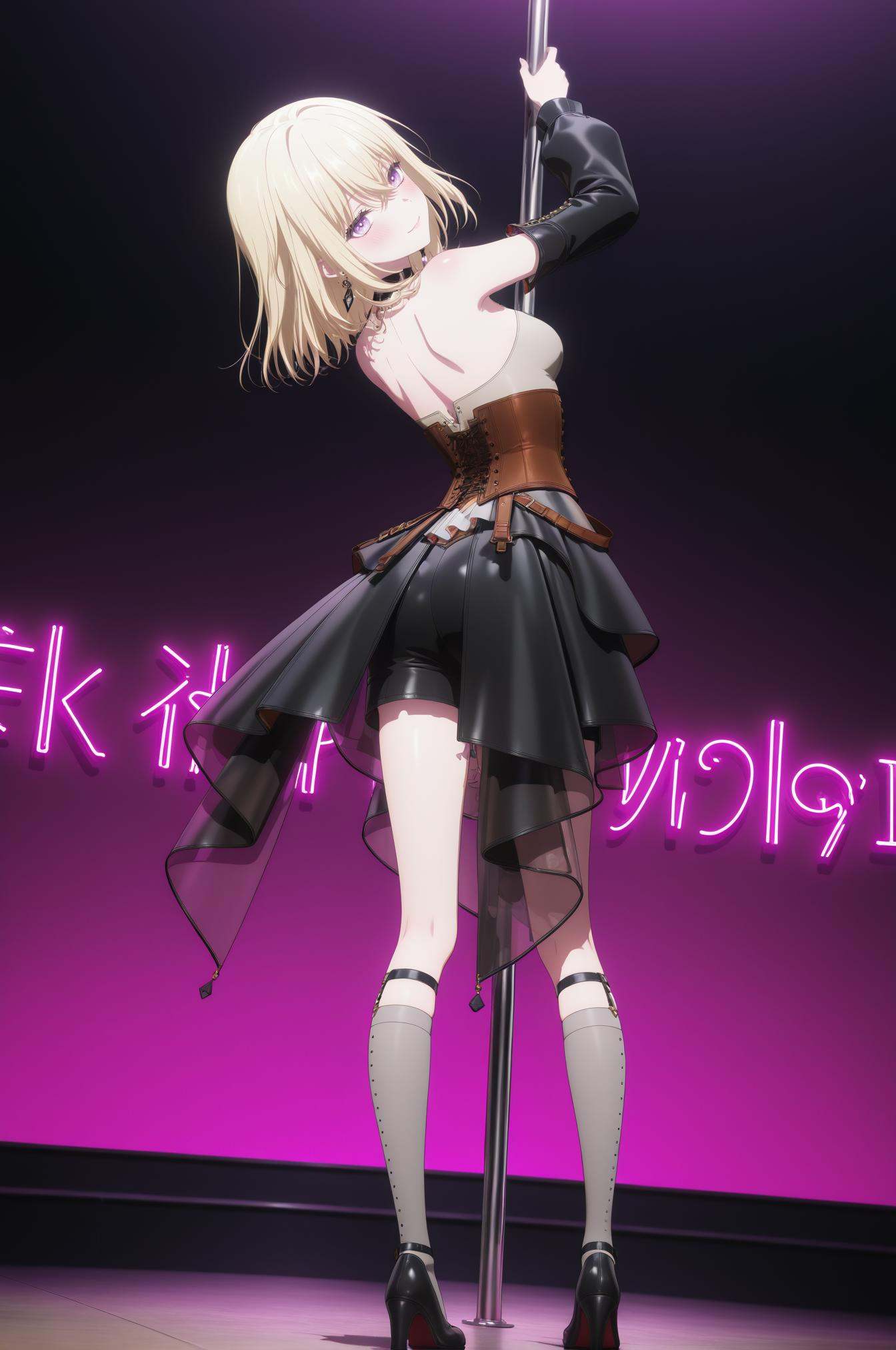 masterpiece,best quality,newest,absurdres,highres,(at a strip club dancing at the pole:1.2),dynamic angle,closeup,neon lights on background,black light,<lora:三角初华:1>,Misumi Uika,blonde hair,hair between eyes,medium hair,purple eyes,diyitao,diyi bare shoulders,diyi black skirt layered,diyi black high heels,diyi black knee-length shorts,diyi brown corset,diyi detached sleeves,diyi earrings,diyi grey knee-high socks,diyi black choker,diyi black legwear garter at knees,seduction posture,full body,solo,simple background,seductive_smile,blush,pink_theme,back,