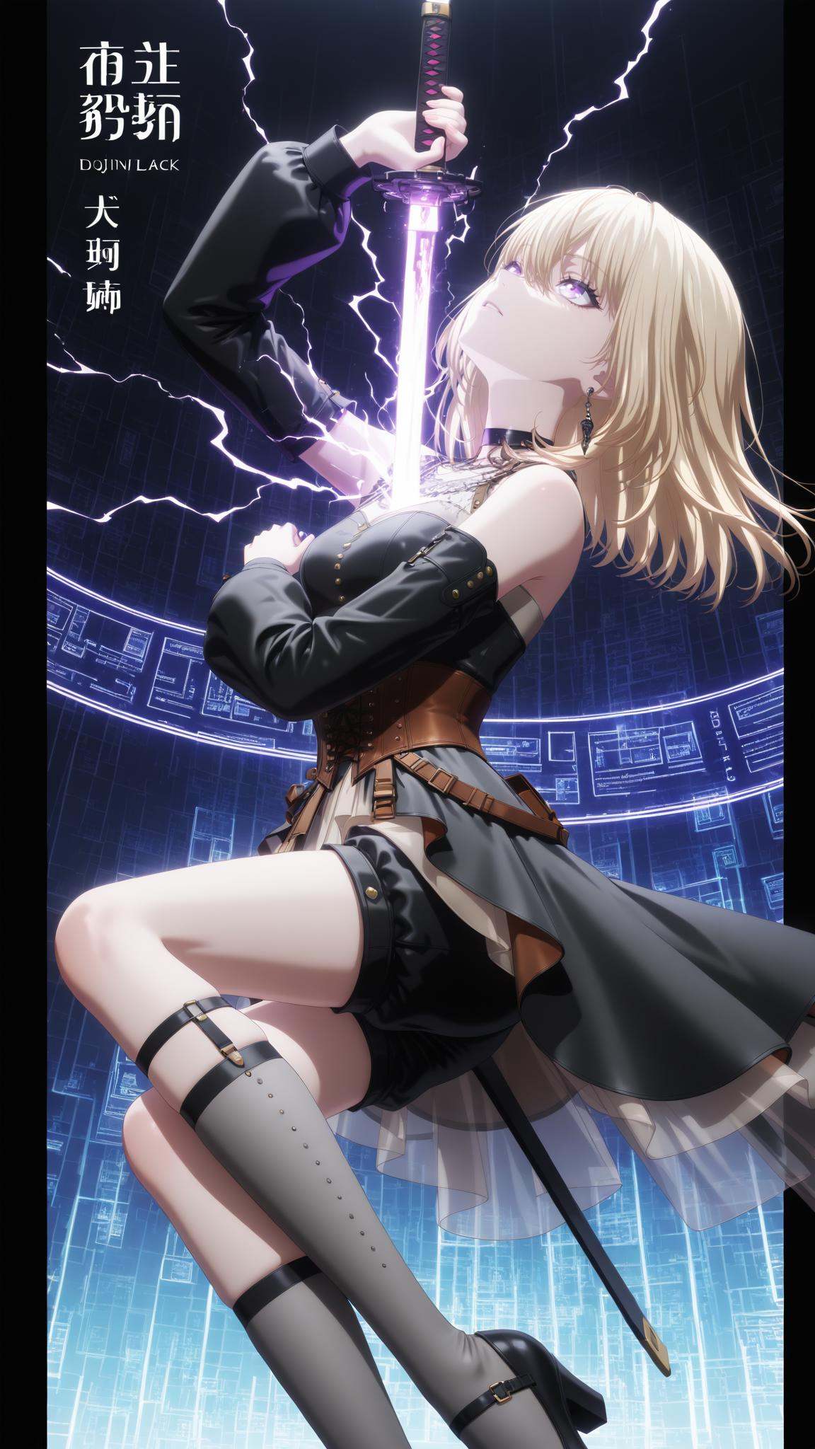 cover,geometric background,Dojinshi,Graphic Design,illustration cover,color art,intricate details,high contrast,detailed background,beautiful detailed,1girl,solo,facing up,electricity,floating hair,holding sword,human scabbard,neon lights,glowing katana,holographic circuits,vibrant colors,cinematic lighting,high-tech accessories,futuristic vibes,ready to draw,scabbard,dynamic pose,thunder sword,masterpiece,best quality,amazing quality,<lora:三角初华:1>,Misumi Uika,blonde hair,hair between eyes,medium hair,purple eyes,diyitao,diyi bare shoulders,diyi black skirt layered,diyi black high heels,diyi black knee-length shorts,diyi brown corset,diyi detached sleeves,diyi earrings,diyi grey knee-high socks,diyi black choker,diyi black legwear garter at knees,
