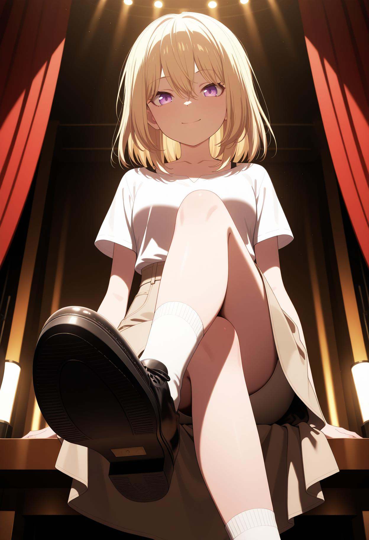 masterpiece,best quality,ultra-detailed,very aesthetic,sharp focus,vibrant colors,ray tracing,best lighting,detailed illustration,detailed background,cinematic,general,sensitive,explicit,neon,light,vibrant colors,glow,score_9,score_8_up,score_7_up,source_anime,looking_down,from_below,sit on the edge of the stage,stage,concert,sound,voicevox,red curtain,soft shadows,soft natural lighting,dramatic lighting,(rich tones:0.9),low angle,(gradient:1.1),looking_at_viewer,smile,(darkness:1.5),(foot focus:1.1),front view,crossed_legs,<lora:三角初华:1>,Misumi Uika,blonde hair,hair between eyes,medium hair,purple eyes,diertao,dier black footwear,dier collarbone,dier beige long skirt,dier white shirt,dier shirt tucked in,dier short sleeves,dier white socks,