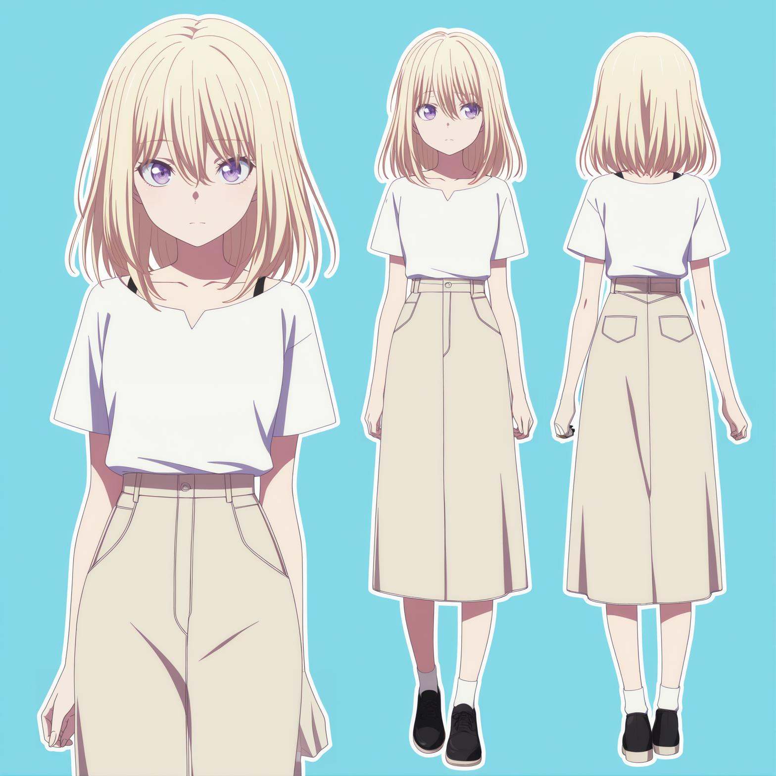 best quality,masterpiece,good quality,blue  background,white outline,pastel colors,1girl,two perspectives,(multiple perspectives:1.1),(from behind:1.1),(from_side:1.1),(front view:1.1),standing,<lora:三角初华:1>,Misumi Uika,blonde hair,hair between eyes,medium hair,purple eyes,diertao,dier black footwear,dier collarbone,dier beige long skirt,dier white shirt,dier shirt tucked in,dier short sleeves,dier white socks,anime coloring,