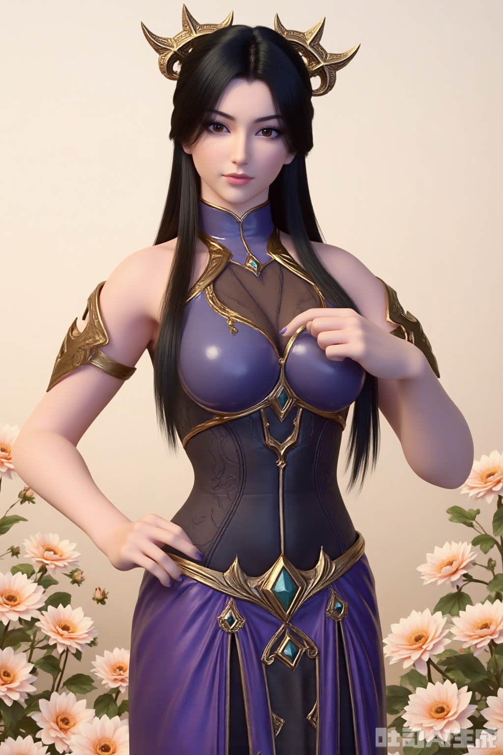 1girl, solo, long hair,big breasts,cleavage, black hair, hair ornament, jewelry,purple dress, chinese clothes,cowboy shot,flowers background,simple background,hand on hip,looking_at_viewer,SuMei