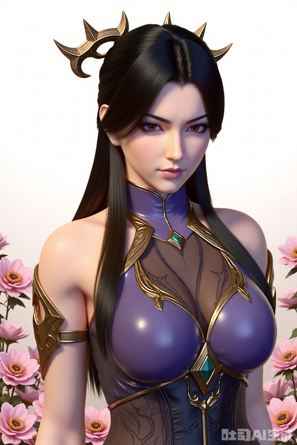 1girl, solo, long hair,big breasts, looking at viewer, black hair, hair ornament, purple dress, bare shoulders, brown eyes, closed mouth, cowboy shot,different flowers background,white background,SuMei,