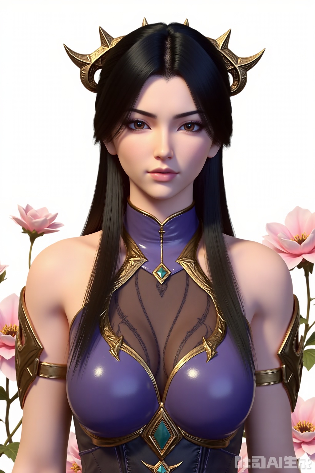 1girl, solo, long hair,big breasts, looking at viewer, black hair, hair ornament, purple dress, bare shoulders, brown eyes, closed mouth, cowboy shot,different flowers background,white background,SuMei,