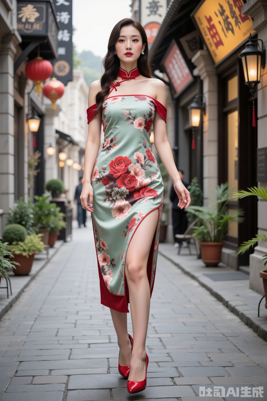 Realistic photo, a young woman, fashionable hairstyle, fair skin, big breasts, off-shoulder split cheongsam, long legs, red high heels, full body, old Shanghai street,