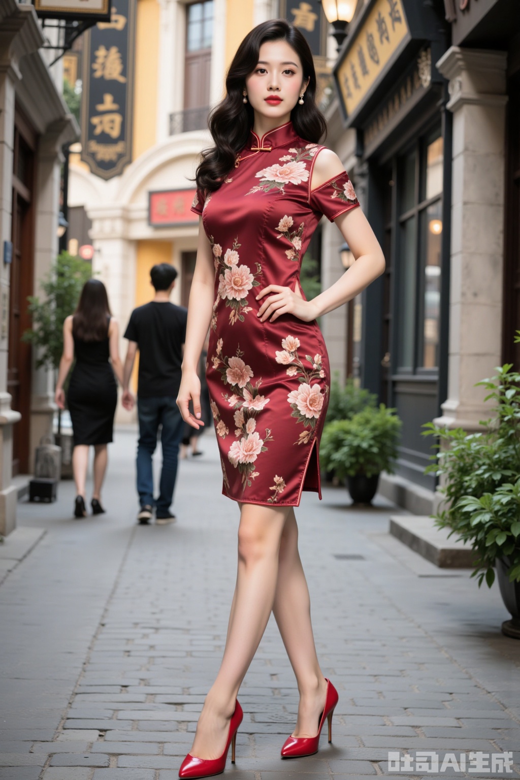 Realistic photo, a young woman, fashionable hairstyle, fair skin, big breasts, off-shoulder cheongsam, long legs, red high heels, full body, old Shanghai street,