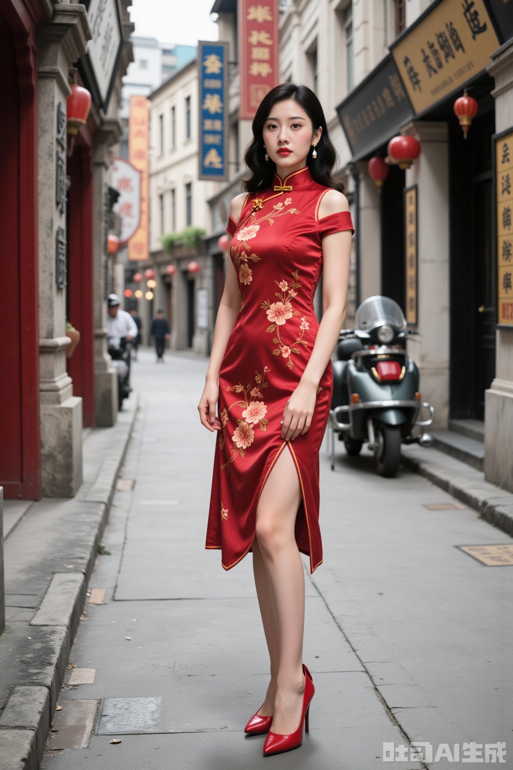 Realistic photo, a young woman, fashionable hairstyle, fair skin, big breasts, off-shoulder split cheongsam, long legs, red high heels, full body, old Shanghai street,