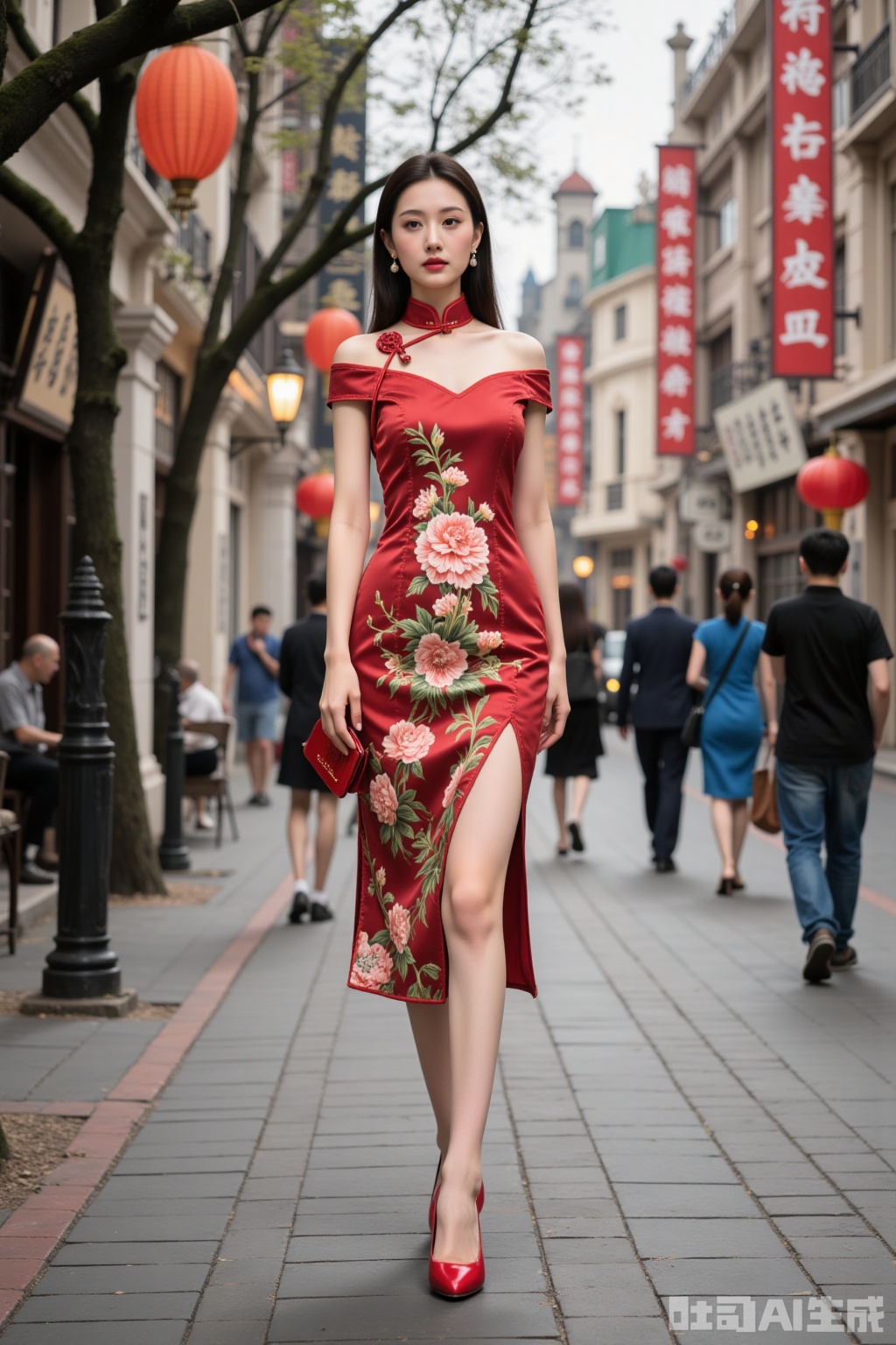 Realistic photo, a young woman, fashionable hairstyle, fair skin, big breasts, off-shoulder split cheongsam, long legs, red high heels, full body, old Shanghai street,
