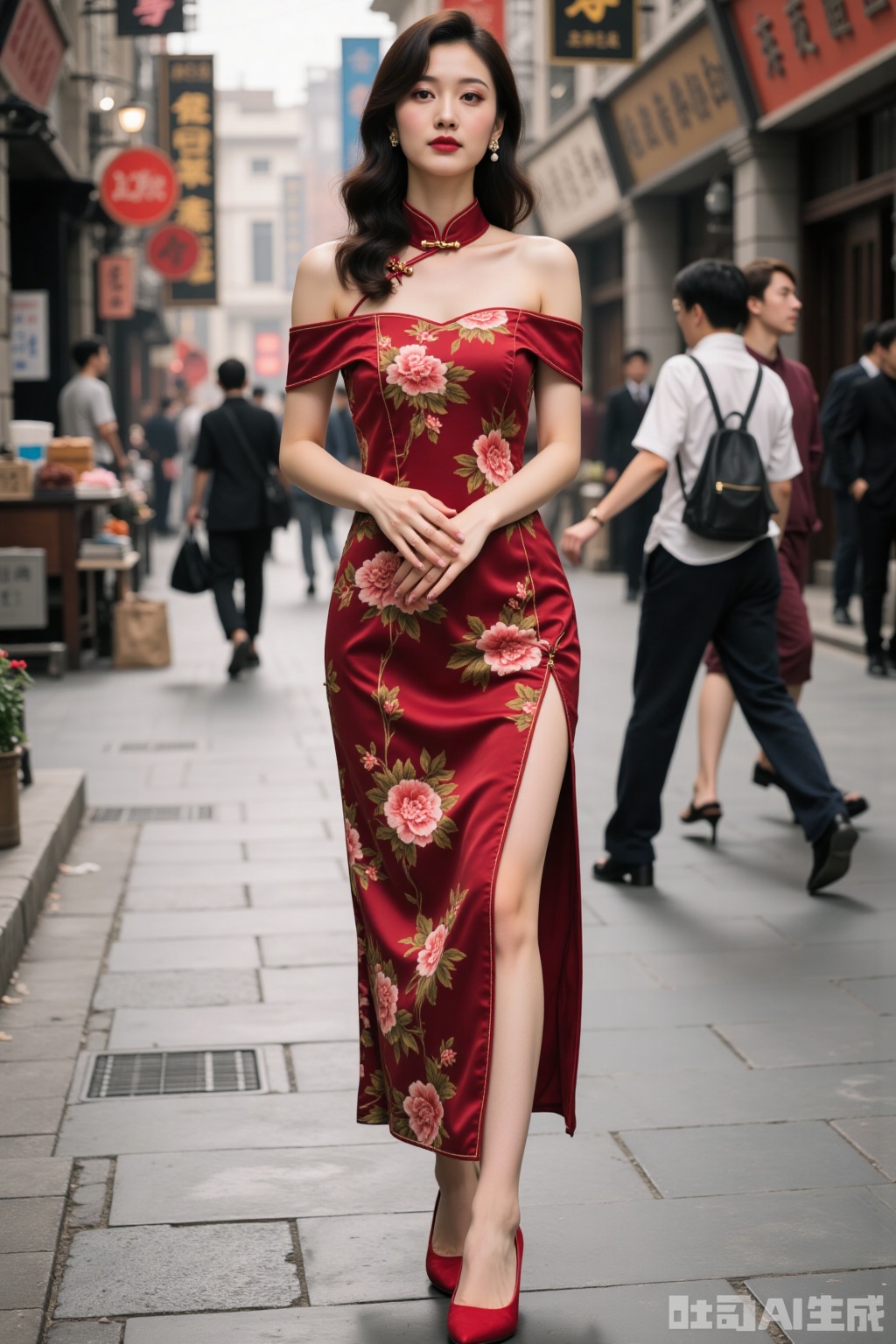 Realistic photo, a young woman, fashionable hairstyle, fair skin, big breasts, off-shoulder split cheongsam, long legs, red high heels, full body, old Shanghai street,