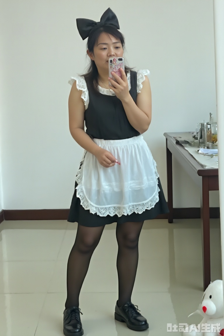 In the picture,a woman is taking a selfie indoors. She is dressed in a classic maid outfit,and her overall look exudes playfulness and cuteness.,The maid's outfit is mainly black. The top is sleeveless,and the black fabric has a lustrous sheen that accentuates her graceful figure. The white lace trim at the neckline is delicate and exquisite,adding a touch of sweetness and softness. The bottom is a black short skirt,also decorated with white lace trim. There is a white apron in the front of the skirt,which is simple yet stylish.,She wore a large black bow hair accessory on her head. The bow was exaggerated and three-dimensional,adding a touch of liveliness to her overall look. Her long,jet-black hair hung naturally,flowing smoothly over her shoulders.,She wore black stockings on her legs,which were smooth in texture and clung tightly to her leg lines,making her legs look even longer. On her feet were a pair of black leather shoes,with a shiny surface and a simple and elegant design. The decoration of the laces added a touch of detail to the shoes.,The girl is holding a mobile phone in her right hand,and it seems that there are some decorative patterns on the phone case. With her left hand,she is making a playful gesture,looking lively and cute.,The background is a simple indoor setting. Behind is a long table with few items on it,looking neat and clean. On the right side of the floor,there is a white plush doll,adding a touch of warm homey atmosphere to the entire scene. The overall color tone of the picture is cool,creating a quiet and cute atmosphere. The woman's outfit and posture become the focus of the picture,showcasing a unique fashion style and youthful vitality.,