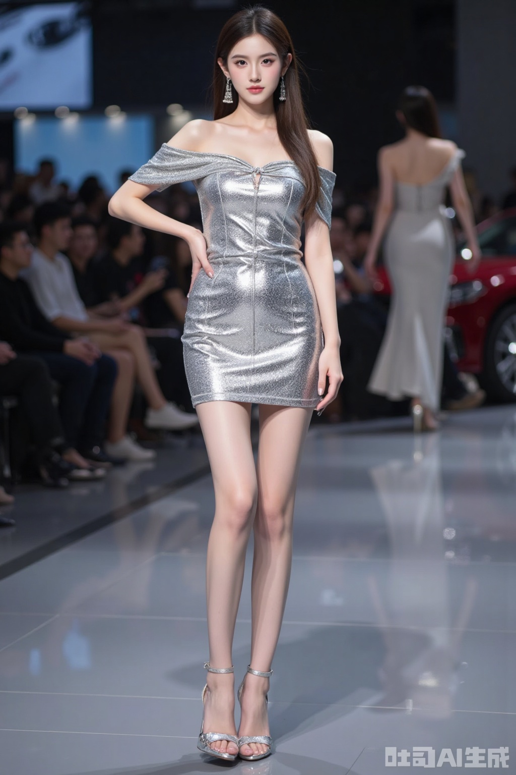 Realistic photo of a young woman, stylish hairstyle, off-shoulder metallic silver dress, long legs, silver high heels, full body, luxury auto show,