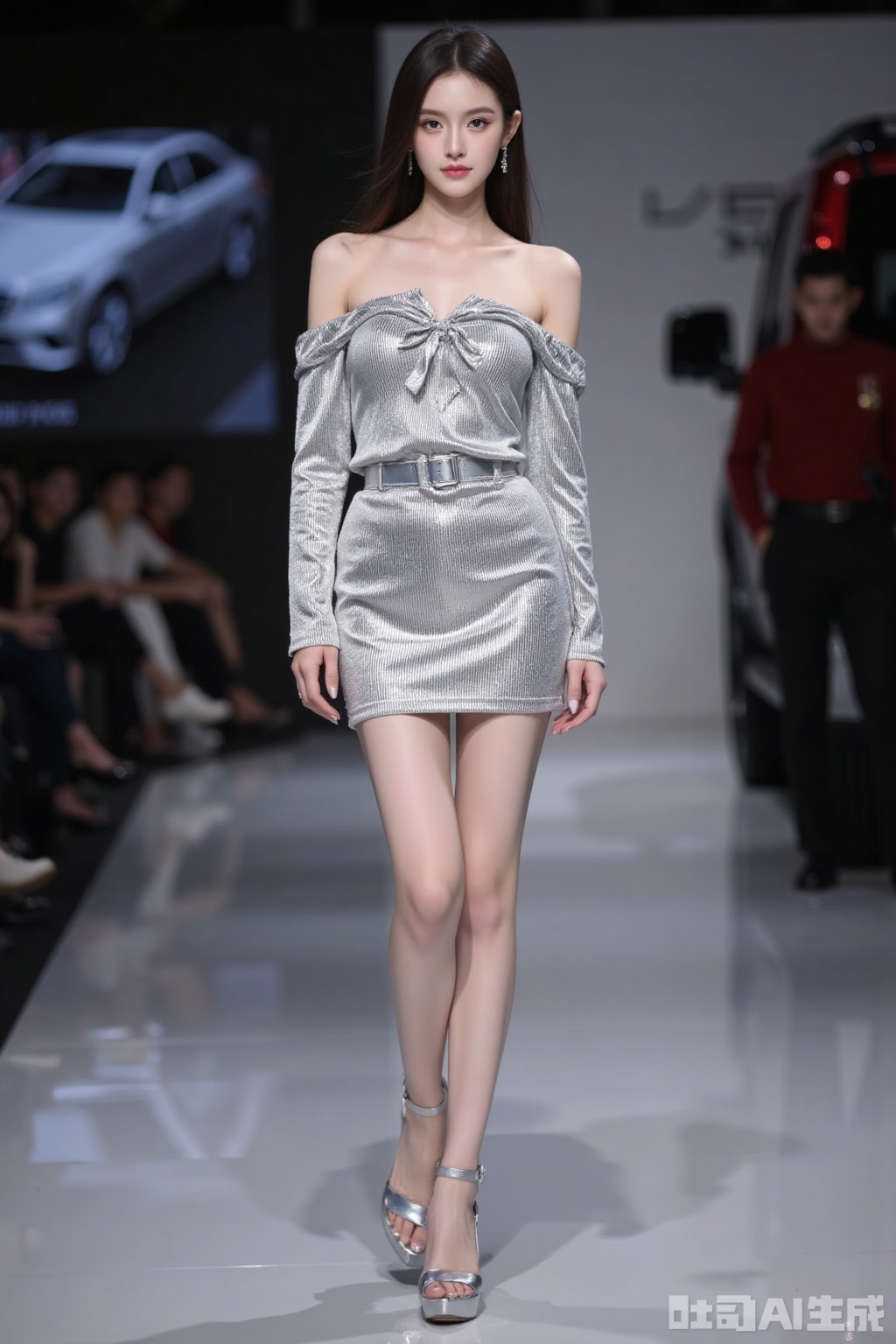Realistic photo of a young woman, stylish hairstyle, off-shoulder metallic silver dress, long legs, silver high heels, full body, luxury auto show,