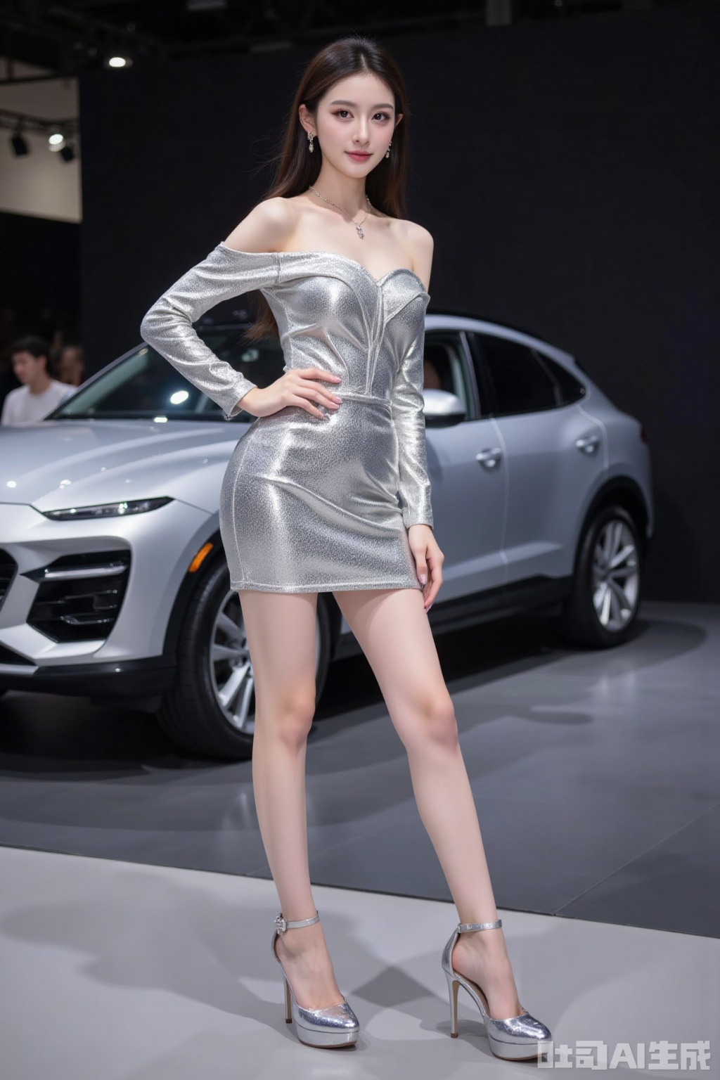 Realistic photo of a young woman, stylish hairstyle, off-shoulder metallic silver dress, long legs, silver high heels, full body, luxury auto show,
