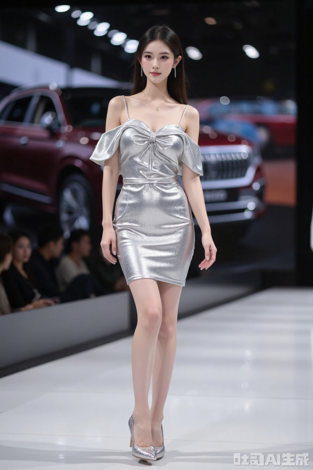 Realistic photo of a young woman, stylish hairstyle, off-shoulder metallic silver dress, long legs, silver high heels, full body, luxury auto show,