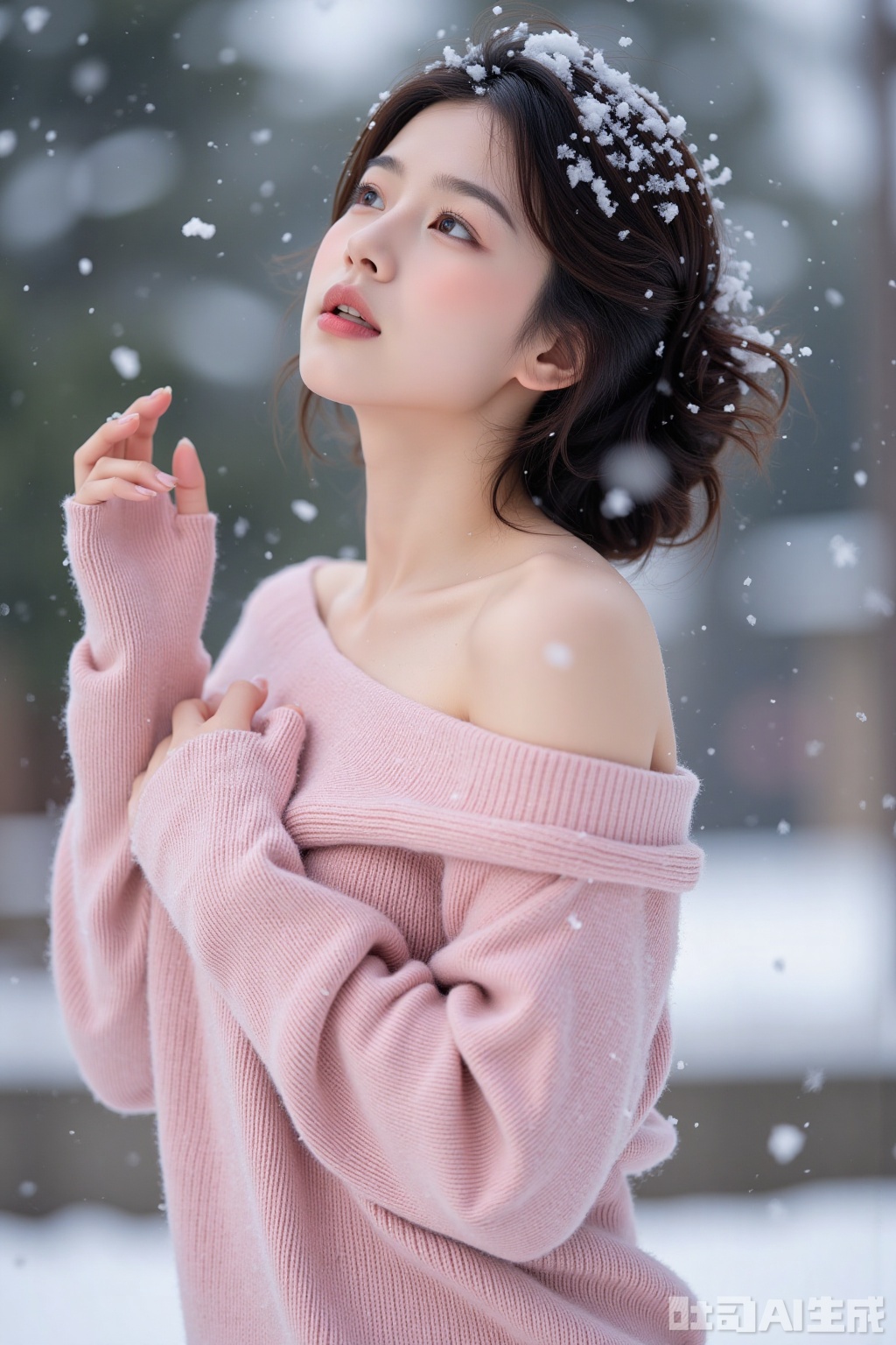 Realistic photo of a young woman with fashionable hairstyle, fair skin, big breasts, off-shoulder pink sweater, upper body, looking up, (falling snow), snowing, in the snow,