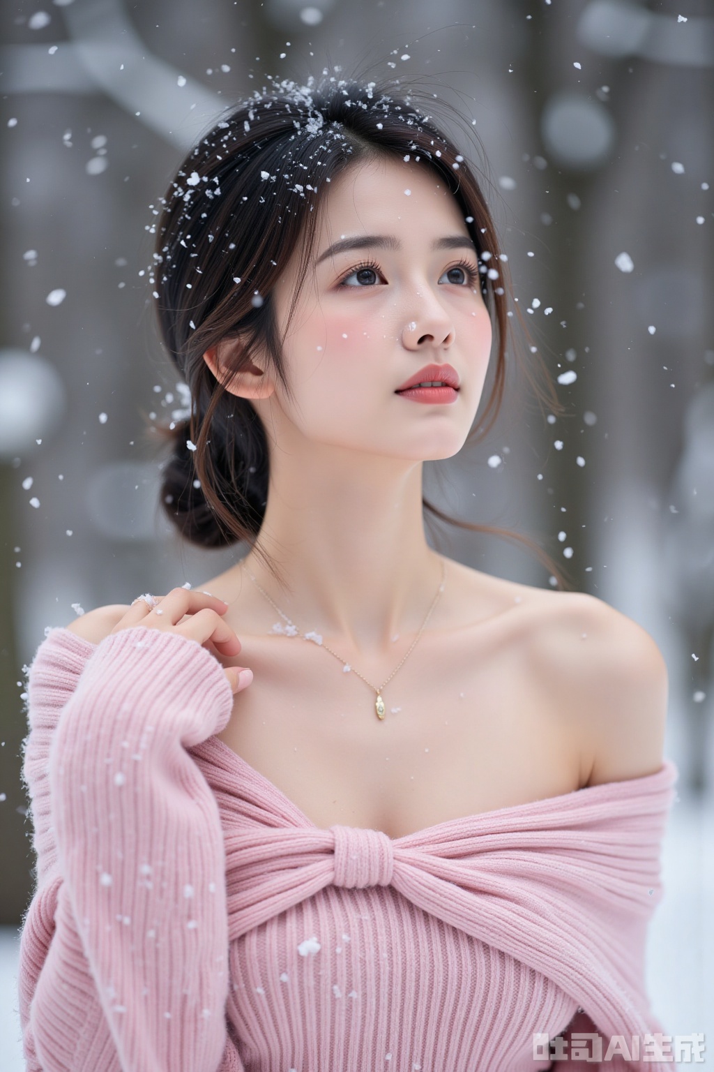 Realistic photo of a young woman with fashionable hairstyle, fair skin, big breasts, off-shoulder pink sweater, upper body, looking up, (falling snow), snowing, in the snow,