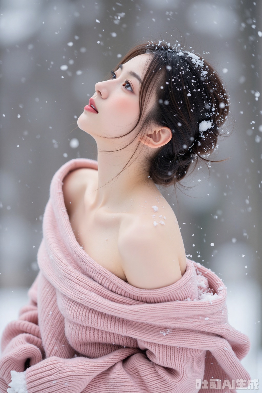 Realistic photo of a young woman with fashionable hairstyle, fair skin, big breasts, off-shoulder pink sweater, upper body, looking up, (falling snow), snowing, in the snow,