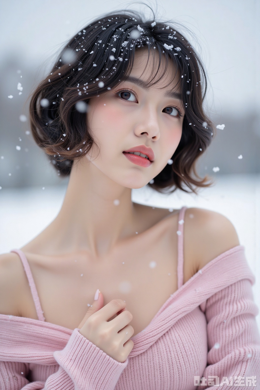Realistic photo of a young woman with fashionable hairstyle, fair skin, big breasts, off-shoulder pink sweater, upper body, looking up, (falling snow), snowing, in the snow,
