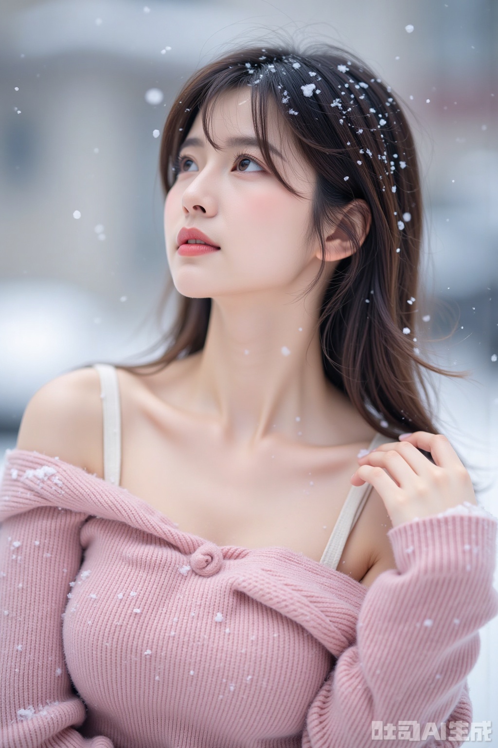 Realistic photo of a young woman with fashionable hairstyle, fair skin, big breasts, off-shoulder pink sweater, upper body, looking up, (falling snow), snowing, in the snow,