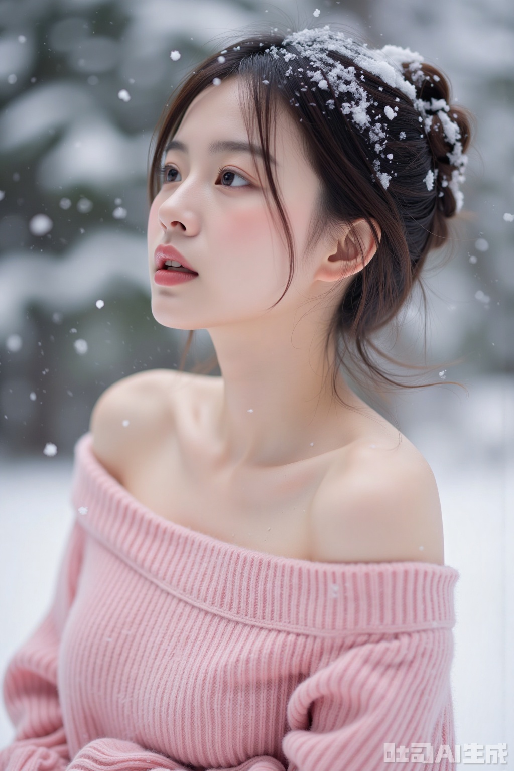 Realistic photo of a young woman with fashionable hairstyle, fair skin, big breasts, off-shoulder pink sweater, upper body, looking up, (falling snow), snowing, in the snow,
