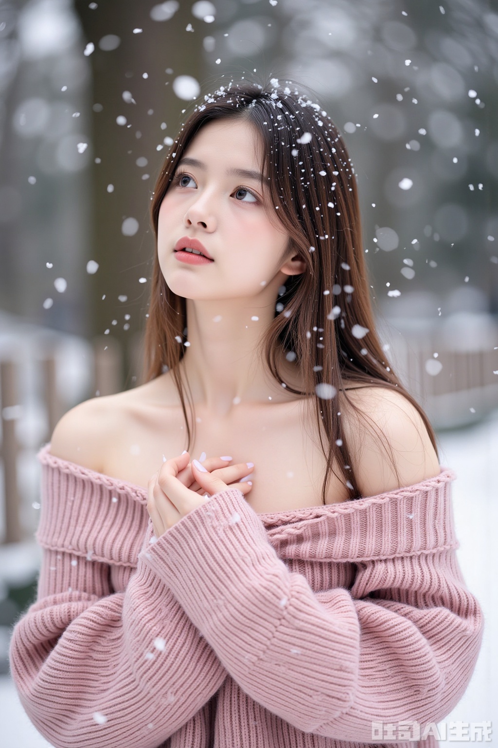 Realistic photo of a young woman with fashionable hairstyle, fair skin, big breasts, off-shoulder pink sweater, upper body, looking up, (falling snow), snowing, in the snow,