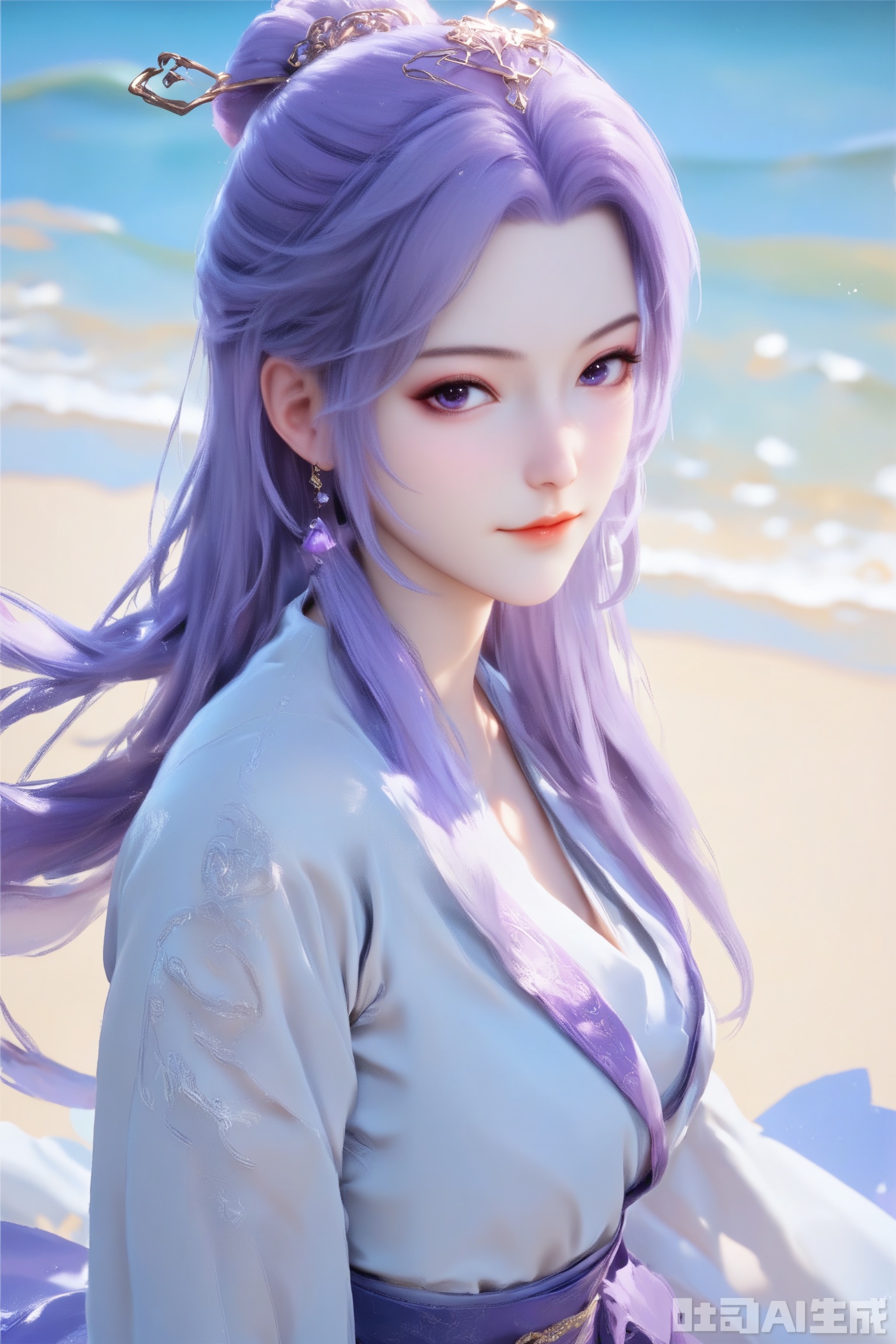 1girl, solo, score_9,score_8_up,long hair, hair ornament, long sleeves, dress, purple eyes,ponytail, purple hair, hair bun, white dress,  sash,The Purple Dress,upper body,looking at viewer,on the beach,on the beach,
