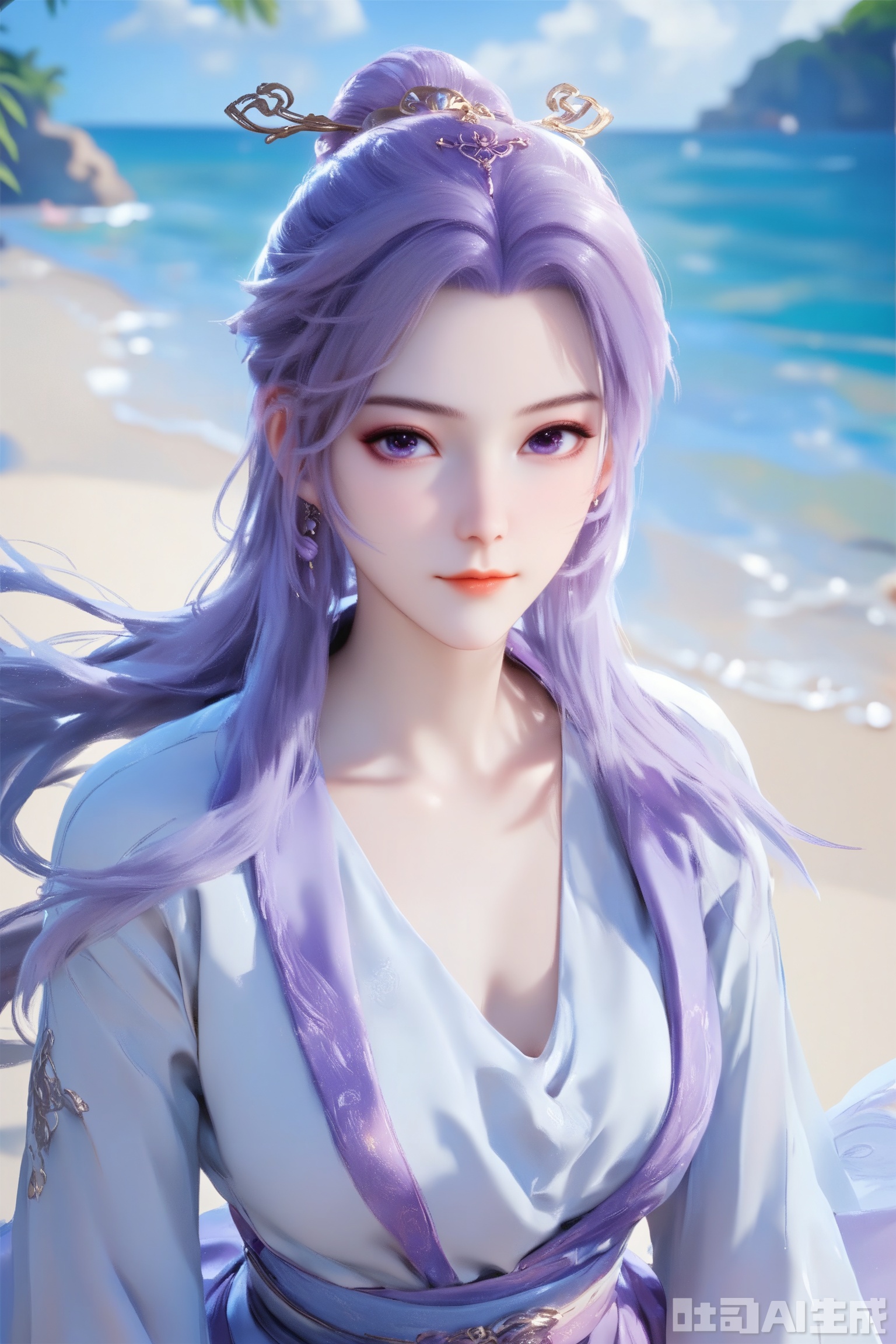 1girl, solo, score_9,score_8_up,long hair, hair ornament, long sleeves, dress, purple eyes,ponytail, purple hair, hair bun, white dress,  sash,The Purple Dress,upper body,looking at viewer,on the beach,on the beach,
