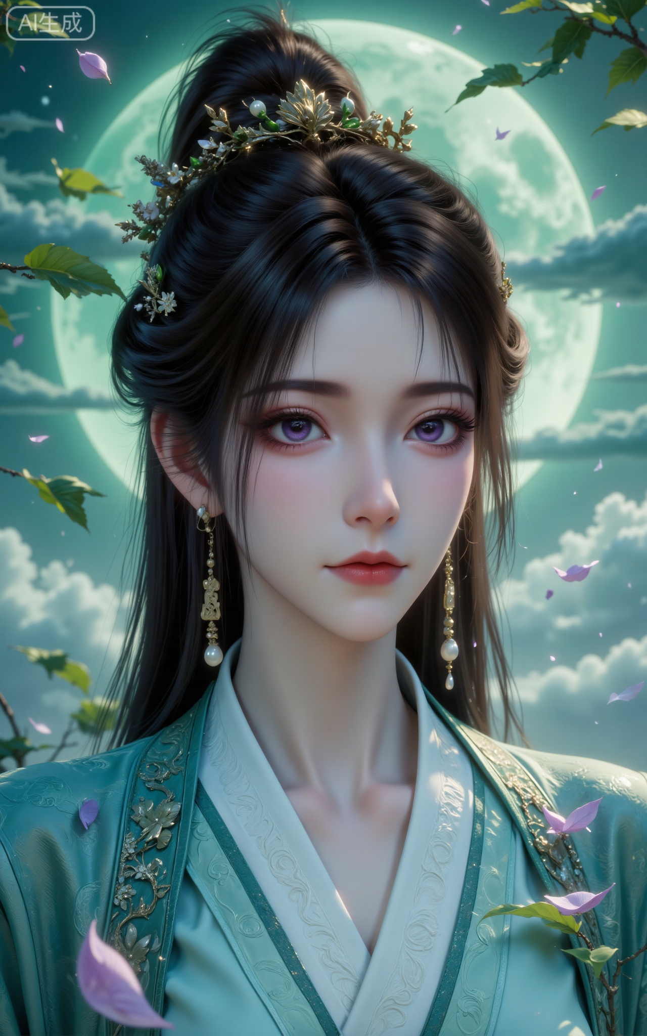 1 girl, solo, avatar, portrait, close-up of face, long black hair in a high bun, decorated with a gold crown inlaid with pearls and green branches and leaves, a few strands of hair hanging down naturally, with thin bangs on the forehead, purple eyes, reddish ends of the eyes, natural blush on the cheeks, light pink lips, fair and delicate skin, wearing long gold earrings (made of pearls Strung with jade and pendant at the end), she is wearing a light green ancient costume with cross-collar collars. The background is a hazy moonlit night (a full moon in green tones, misty clouds, and a wavy sea of clouds can be seen below). It is surrounded by green branches and leaves and falling purple petals. The light shines from the upper left, forming a soft highlight and shadow contrast. The overall atmosphere is cool and beautiful, with both ancient fairyland and sadness.