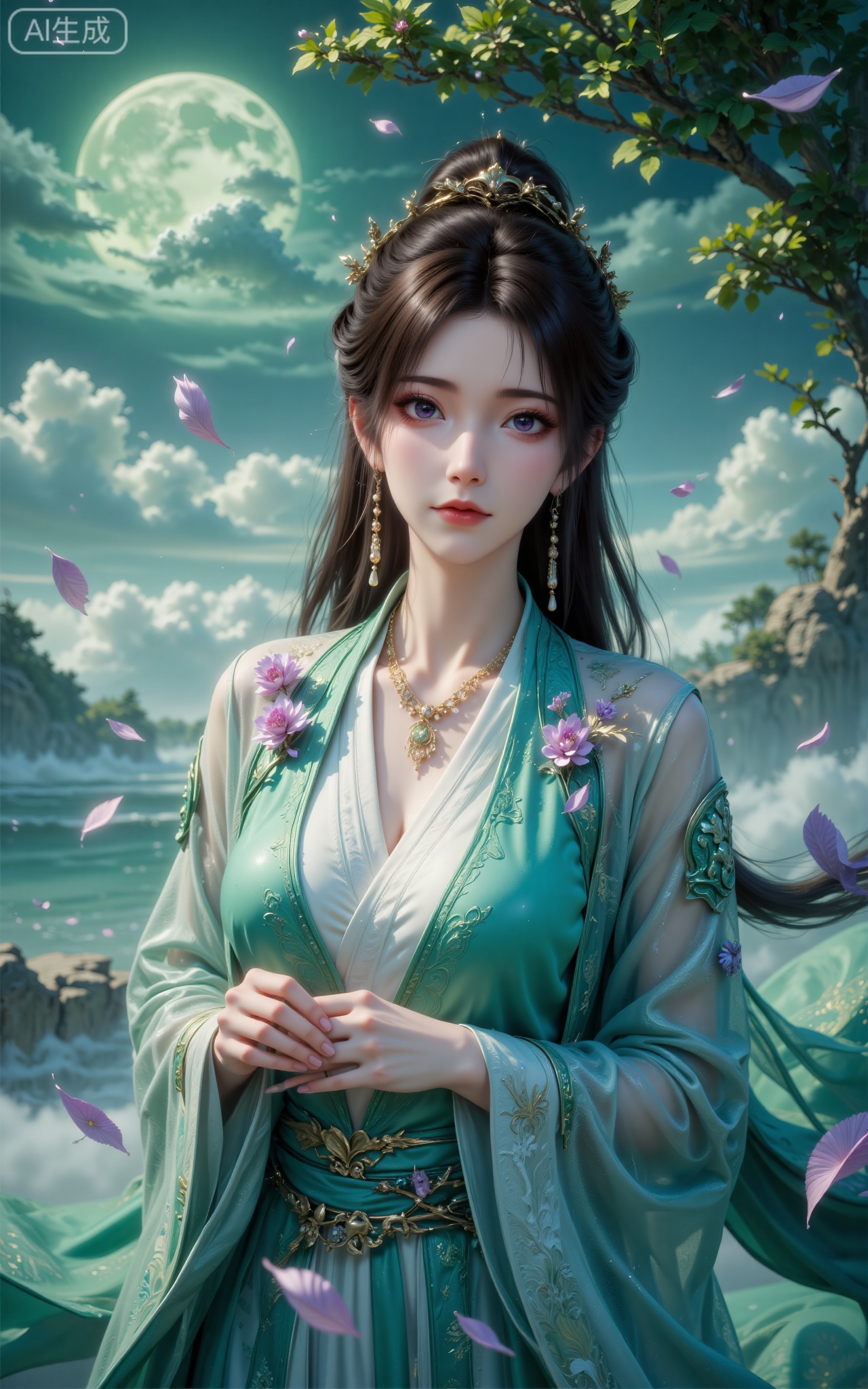 The subject of the picture is a close-up of a woman, with long black hair in a high bun decorated with gold pearl crowns and green branches and leaves. A few strands of hair hang down naturally, with thin bangs on the forehead. Her eyes are purple with reddish tail ends, natural blush on her cheeks, light pink lips, a teardrop under her right eye, fair and delicate skin, long gold earrings (strung with pearls and jade, pendant at the end), and light green clothing. Colorful collared ancient costume (the outer layer is emerald gauze and the inner layer is white), with purple flowers dotted on the shoulders and skirt. The background is a hazy moonlit night (a green full moon, misty clouds, and a wavy sea of clouds can be seen below). It is surrounded by green branches and leaves and falling purple petals. The light shines from the upper left, forming a soft highlight and shadow contrast. The overall atmosphere is cool and beautiful, with both ancient fairyland and sadness. Prompt word for Vincent picture: Close-up of an ancient-style woman, long black hair in a high bun, a golden pearl crown with green branches and leaves, a few strands of hair hanging down, thin bangs on the forehead, purple eyes, slightly red at the end of the eyes, tears under the right eye, blush on the cheeks, light pink lips, fair skin, long gold pearl and jade earrings, light green cross-neck gauze The clothes (inner white lining) are decorated with purple flowers on the shoulders and hem. The background is a green full moon, misty clouds and wavy sea of clouds, surrounded by green branches and leaves and falling purple petals. The light source on the upper left, soft highlights and shadows, is cool and beautiful, ancient fairy style, sad atmosphere, exquisite details, clear light and shadow.