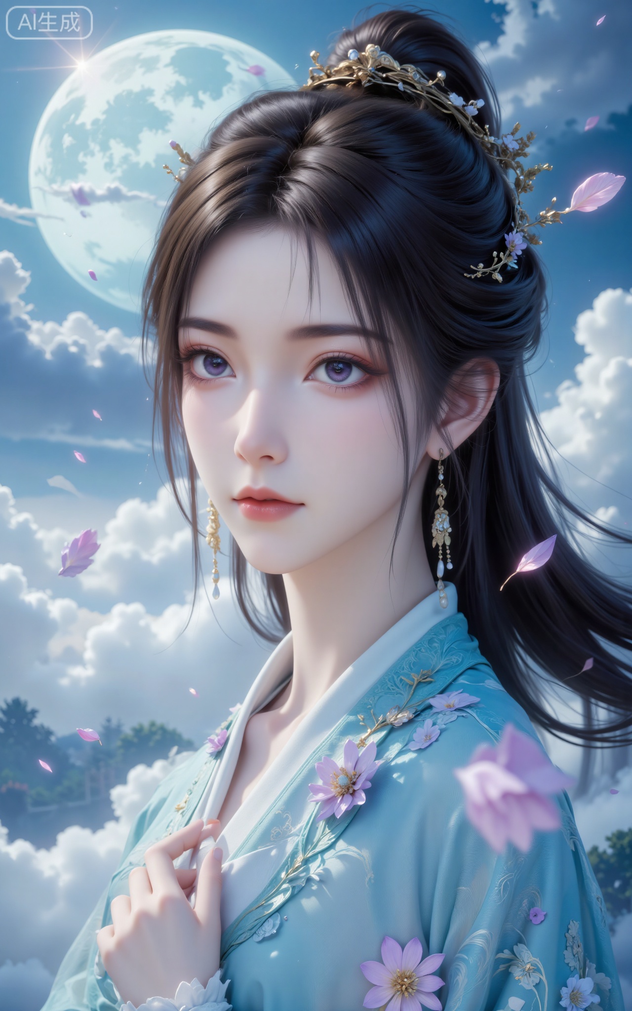 The image depicts a serene and ethereal scene with a young woman in traditional attire. She has long, dark hair adorned with a delicate gold headpiece and matching earrings. Her expression is calm and contemplative, with large, expressive eyes that seem to hold a deep sense of wisdom. She is dressed in a light blue garment embellished with intricate floral patterns and small purple flowers, which complement the surrounding natural elements. The background features a moonlit landscape with swirling clouds, creating a dreamy and mystical atmosphere. The overall composition is harmonious, blending human beauty with nature's tranquility.
