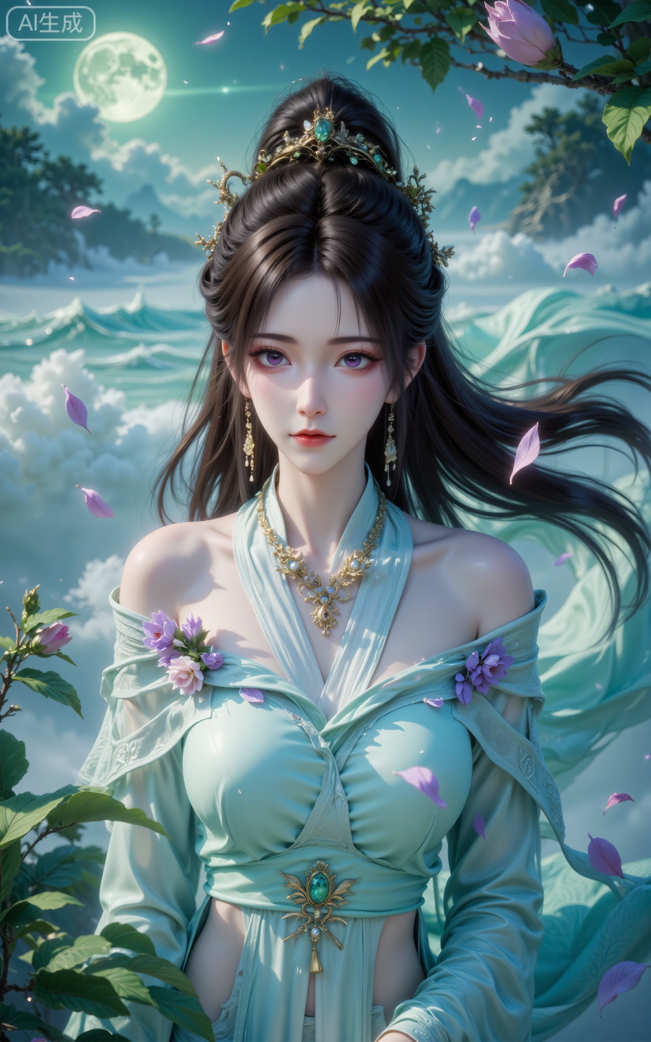 1 girl, solo, upper body of the character, long black hair in a high bun, decorated with a golden pearl crown and green branches and leaves, a few strands of hair hanging down naturally, with thin bangs on the forehead, purple eyes, slightly red at the end of the eyes, natural blush on the cheeks, light pink lips, fair and delicate skin, wearing long gold earrings (made of pearls and jade, with pendants at the end) , wearing a light green cross-collar ancient costume, with purple flowers dotted on the shoulders and skirt. The background is a hazy moonlit night (a green full moon, misty clouds, and a wavy sea of clouds can be seen below), surrounded by green branches and leaves and falling purple petals. The light shines from the upper left, forming a soft highlight and shadow contrast. The overall atmosphere is cool and beautiful, with both ancient fairyland and sadness.