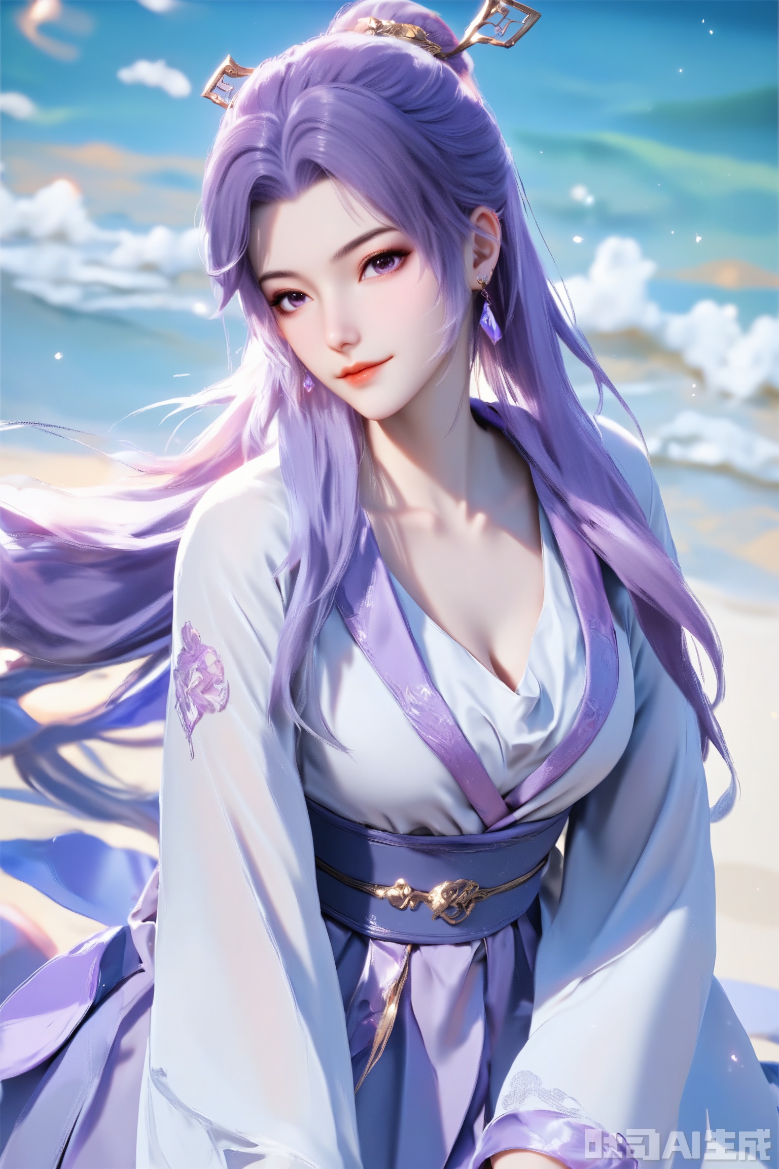 1girl, solo, score_9,score_8_up,long hair, hair ornament, long sleeves, dress, purple eyes,ponytail, purple hair, hair bun, white dress,  sash,The Purple Dress,upper body,looking at viewer,on the beach,on the beach,
