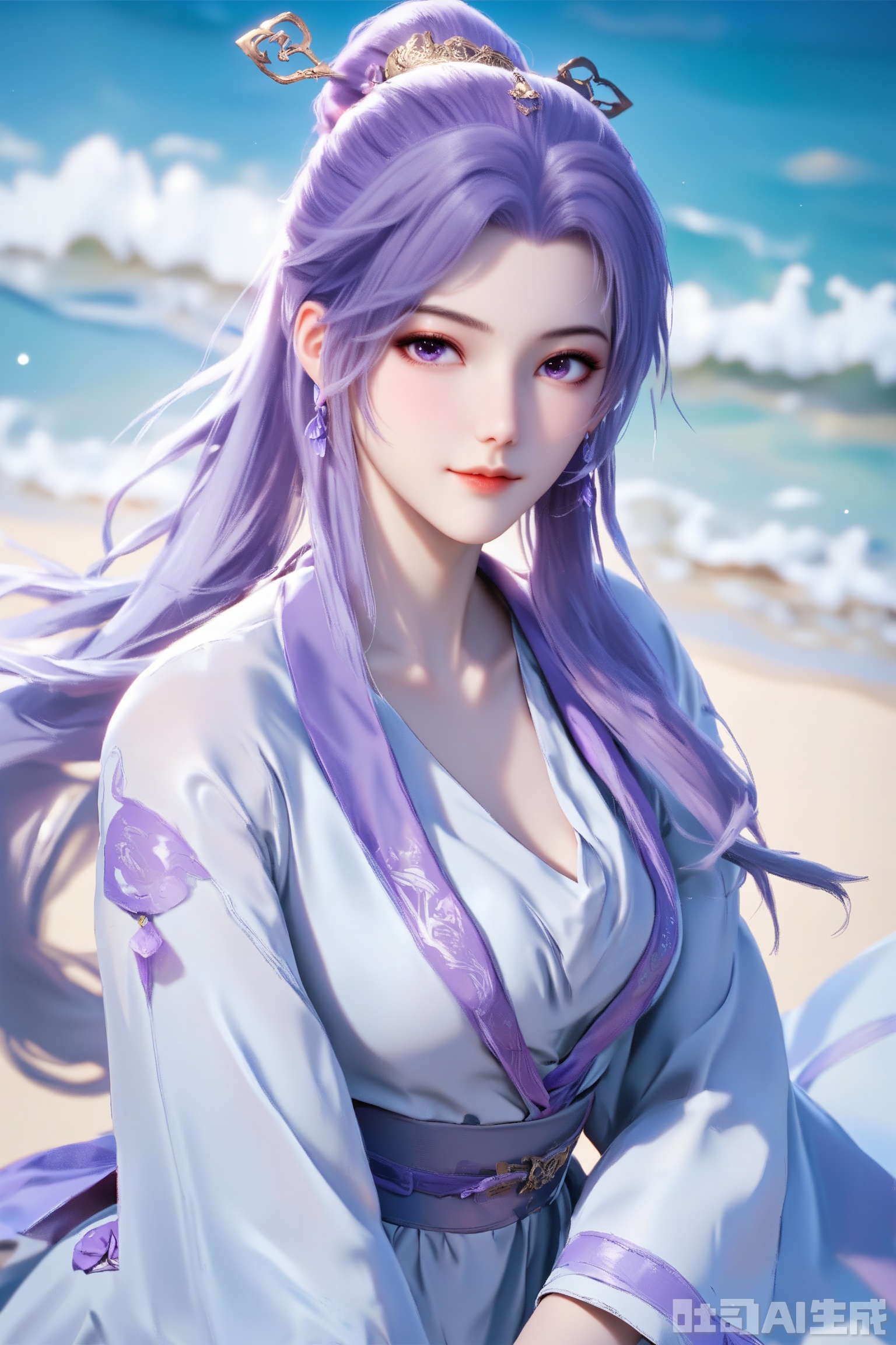 1girl, solo, score_9,score_8_up,long hair, hair ornament, long sleeves, dress, purple eyes,ponytail, purple hair, hair bun, white dress,  sash,The Purple Dress,upper body,looking at viewer,on the beach,on the beach,
