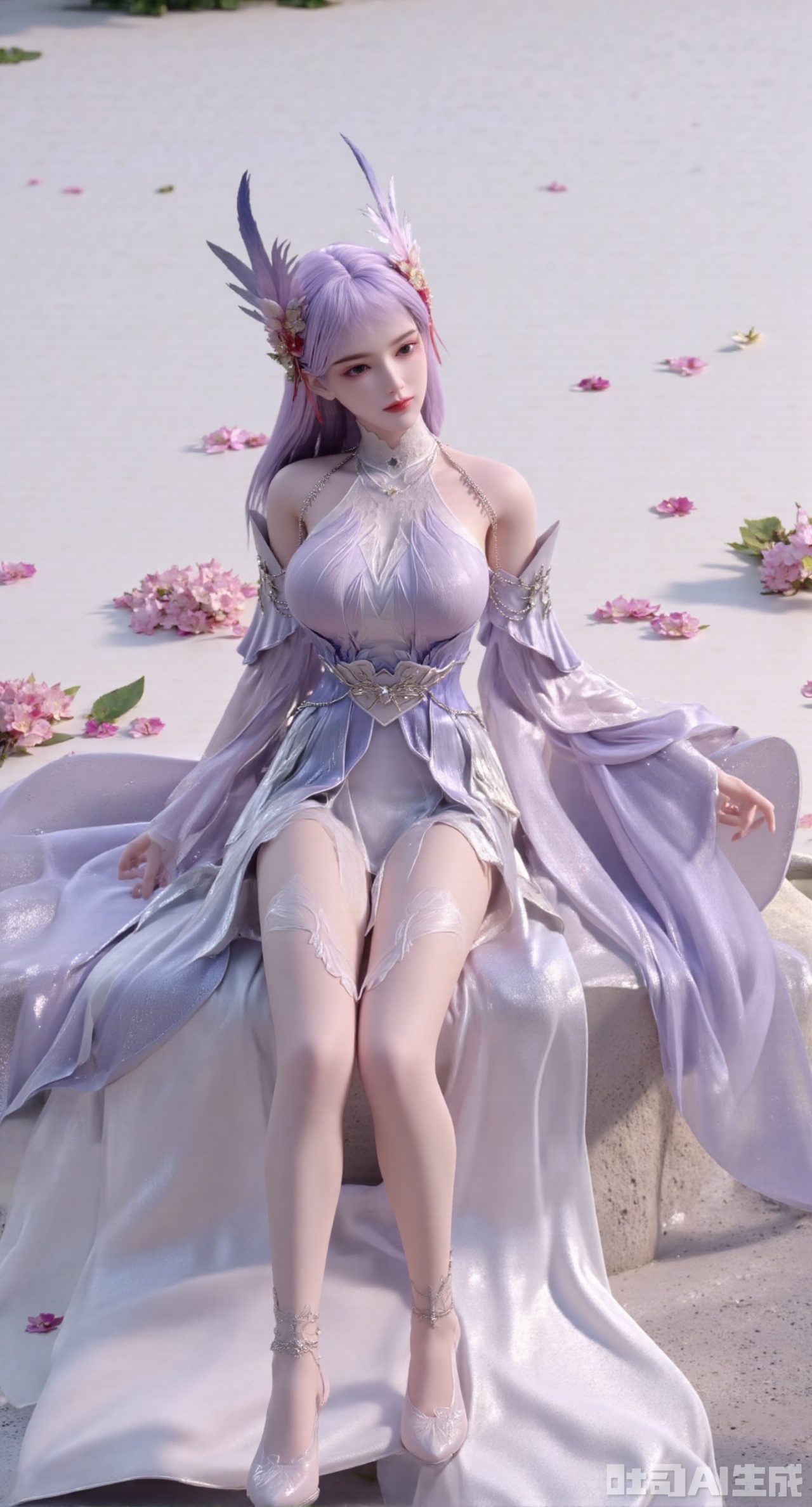 (masterpiece:1.2),best quality,1girl, solo, long hair, pruple hair, dress, sitting, full body, flower, sky, water, high heels, petals, bare legs, pink dress, white dress.,(huge breasts:2.99),(full breasts:2.99),,XyunxiaoYK,Xbigbreasts,Xrixirenxiangsheying,Xmengru,XfuqingyunY,Xfenhanfududou,Xhanfusiwa,Xsonghanfu,XshixiaoY,XyunwangshuY,XlinziyueYH,XtangzichenK