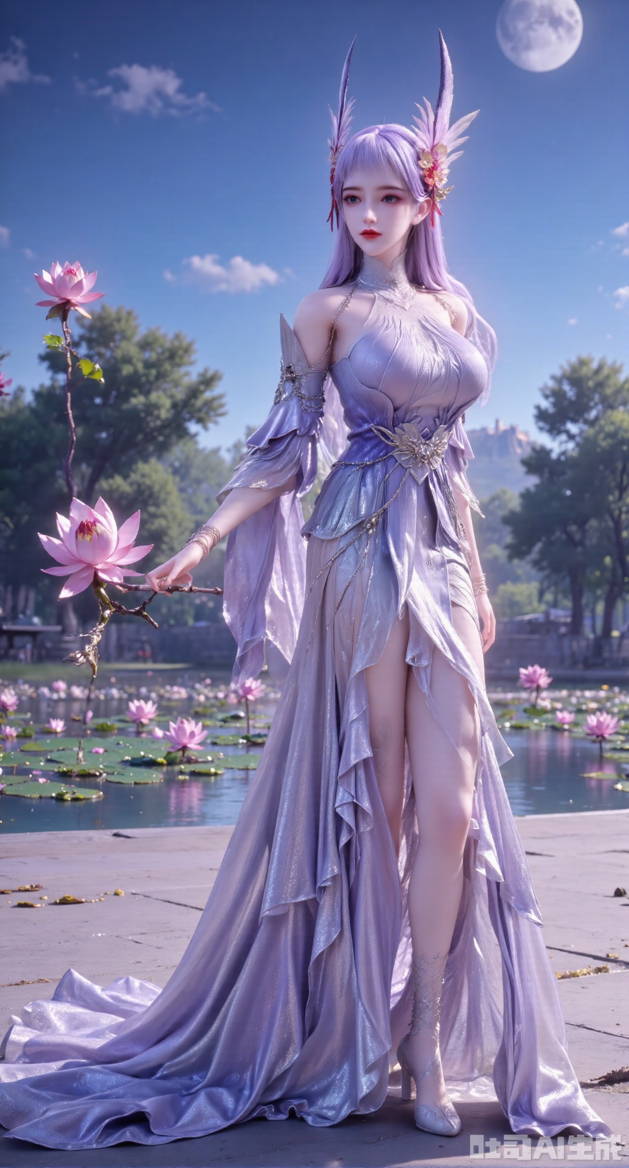 (masterpiece, best quality:1.2),1girl, navel, solo, midriff, bare shoulders, hair ornament,(long hair),(High double ponytail:1.49), red lips, BREAK, (looking at viewer:1.39), chinese clothes,(long dress:1.36), (lace:1.28), BREAK,blurry, solo focus, long hair, lips, daytime, lipstick, outdoors, standing,upper body,(huge breasts:2.99), (full breasts:2.99),background, solo, makeup,Xyunxiao,(Lotus,Water Lily,Blue sky,full moon:1.39),(Lotus pond,ancient Chinese architecture:1.39),XlinziyueYH,Xbigbreasts