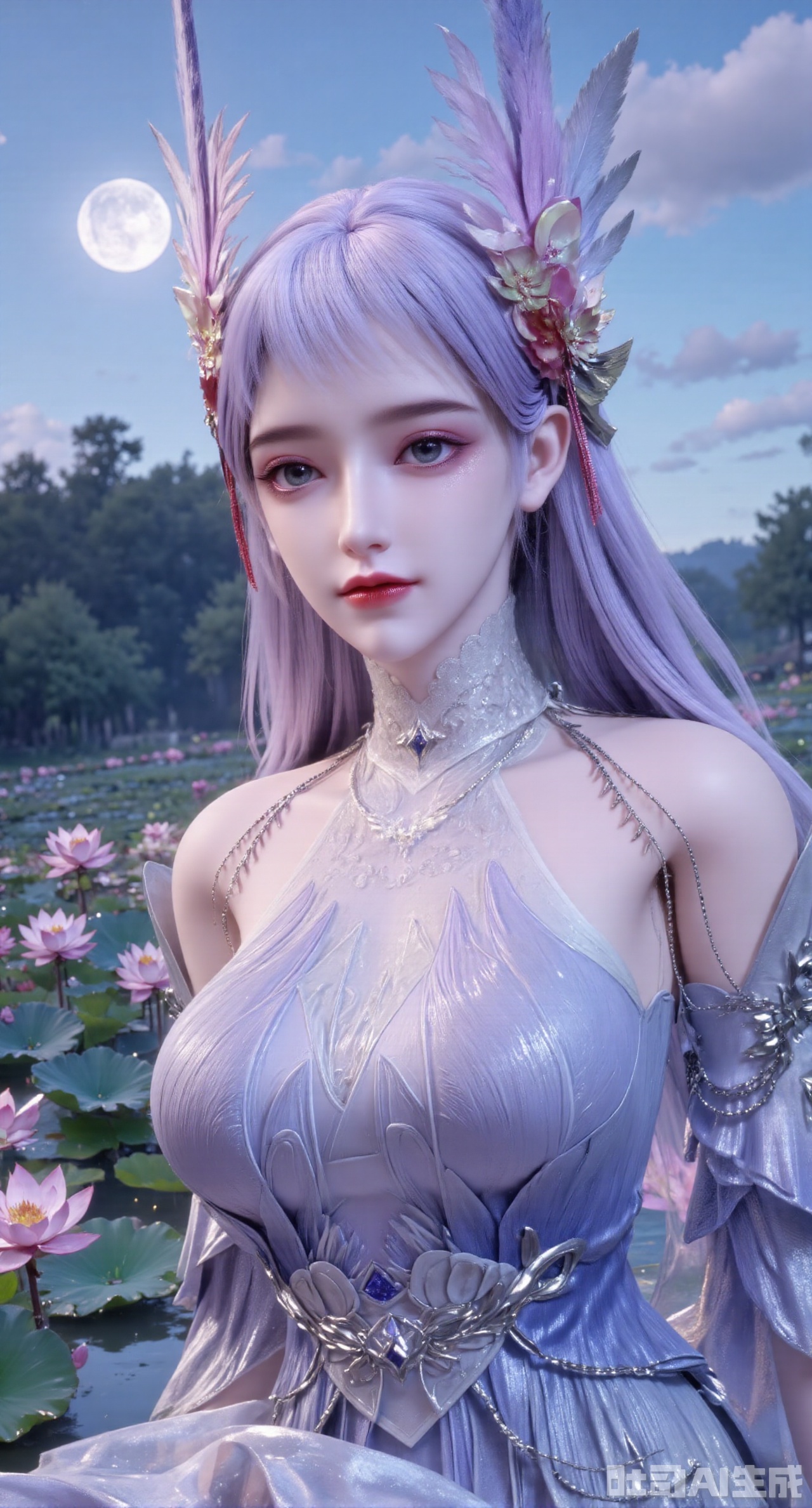 (masterpiece, best quality:1.2),1girl, navel, solo, midriff, bare shoulders, hair ornament,(long hair),(High double ponytail:1.49), red lips, BREAK, (looking at viewer:1.39), chinese clothes,(long dress:1.36), (lace:1.28), BREAK,blurry, solo focus, long hair, lips, daytime, lipstick, outdoors, standing,upper body,(huge breasts:2.99), (full breasts:2.99),background, solo, makeup,Xyunxiao,(Lotus,Water Lily,Blue sky,full moon:1.39),(Lotus pond,ancient Chinese architecture:1.39),XlinziyueYH,Xbigbreasts