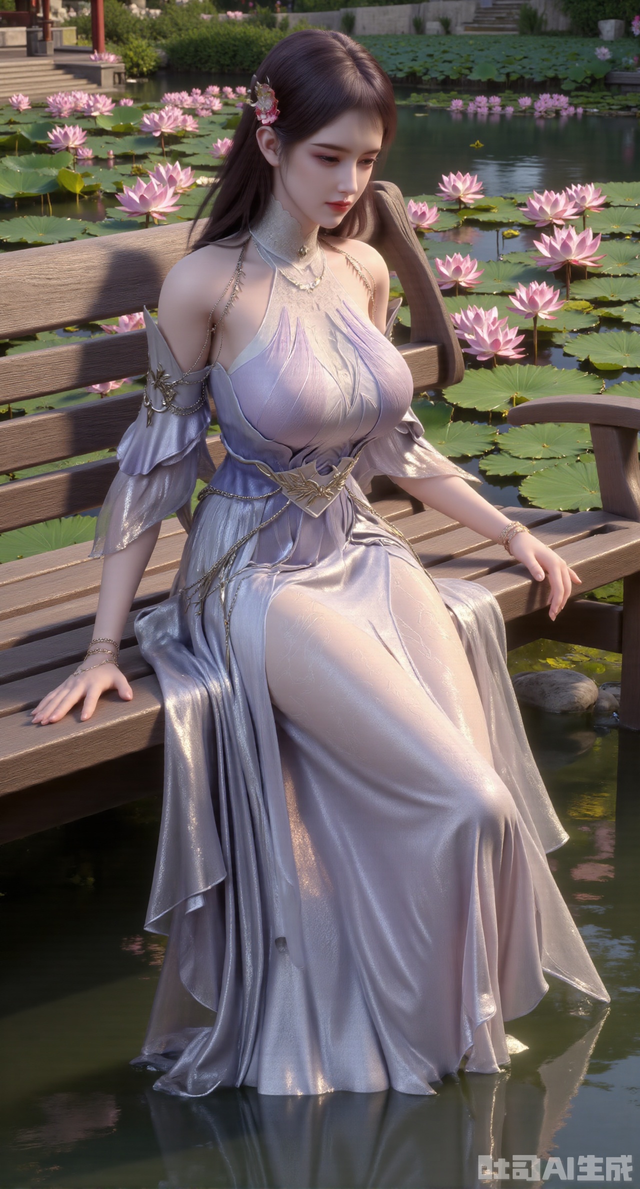 (masterpiece:1.2),best quality,The image is a digital illustration of a young woman sitting on a wooden bench in a pond with lily pads. She is wearing a long dress with design on the chest and sleeves. The dress has a high neckline and short sleeves,Holding a lotus in hand. She has long dark hair styled in loose waves and is wearing gold high heels. The woman is posing with one hand on her hip and the other resting on the edge of the bench. The background is filled with pink and white lotus flowers and green leaves. The overall mood of the image is peaceful and serene,(huge breasts:2.99),(full breasts:2.99),(Background with traditional Chinese architecture, lotus pond and pink lotus flowers:1.39),,XyunxiaoYK,Xbigbreasts,Xrixirenxiangsheying,Xmengru,XfuqingyunY,Xfenhanfududou,Xhanfusiwa,Xsonghanfu,XshixiaoY,XyunwangshuY,XlinziyueYH,XtangzichenK