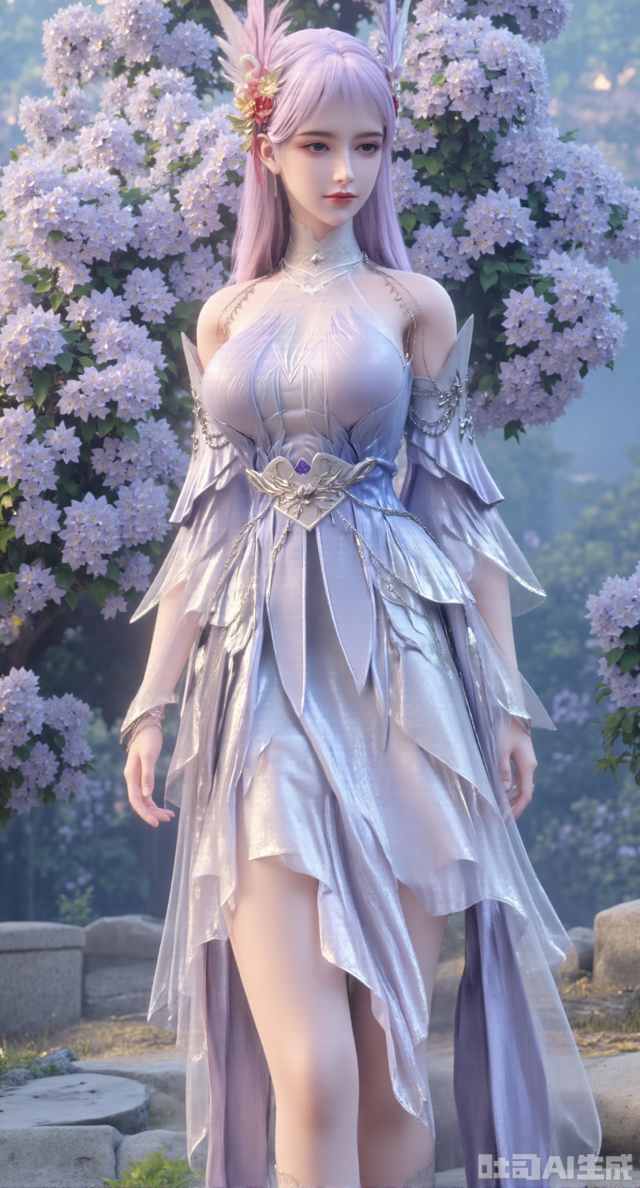 (masterpiece:1.2),best quality,The best quality, ultra-high resolution, masterpiece, original, extremely fine wallpaper, perfect light effect, this is a digital illustration, vertical full-body portrait, densely packed with white flowers, creating a rich and textured background. In the center of the picture, a beautiful Chinese woman is in the white flowers, making her look like she is part of a garden full of flowers. The flowers around her add depth and sense of encirclement to the picture and enhance the layering of the composition. Her stunning white evening gown echoes the purity and elegance of the surrounding flowers. The woman was facing the camera, among the lush flowers, her eyes were charming and quiet. The dense floral background and capture of the woman's whole body highlight the exquisite fusion of human elegance and nature. The long pink hair is straight, the picture has blur and halo effects, and butterflies embellish it. She has an angel's beautiful face and a perfect female figure (a skirt composed of flowers, intensity coefficient, translucent body, transparent petals, glowing petals, gradient effect, contour light, particles, award-winning artwork. She has fair skin tone, fine black details and soft and flowing hair carefully combed to complex hair accessories, with gorgeous details. She is in a bright garden with gorgeous flowers, a blue sky, and deep and rich tones.), her head is decorated with exquisite and complex hair accessories, and some tulle fabrics naturally hang down, creating a dreamy feeling, exquisite and unique. The overall look shows the beauty and tenderness of a girl, just like a fairy in a fairy tale, exuding charm. This charming character is portrayed in a surreal style. She has elegant movements, and the overall style of this illustration is extremely delicate, focusing on the combination of realistic and fantasy elements.,(huge breasts:2.99),(full breasts:2.99),,XyunxiaoYK,Xbigbreasts,Xrixirenxiangsheying,Xmengru,XfuqingyunY,Xfenhanfududou,Xhanfusiwa,Xsonghanfu,XshixiaoY,XyunwangshuY,XlinziyueYH,XtangzichenK