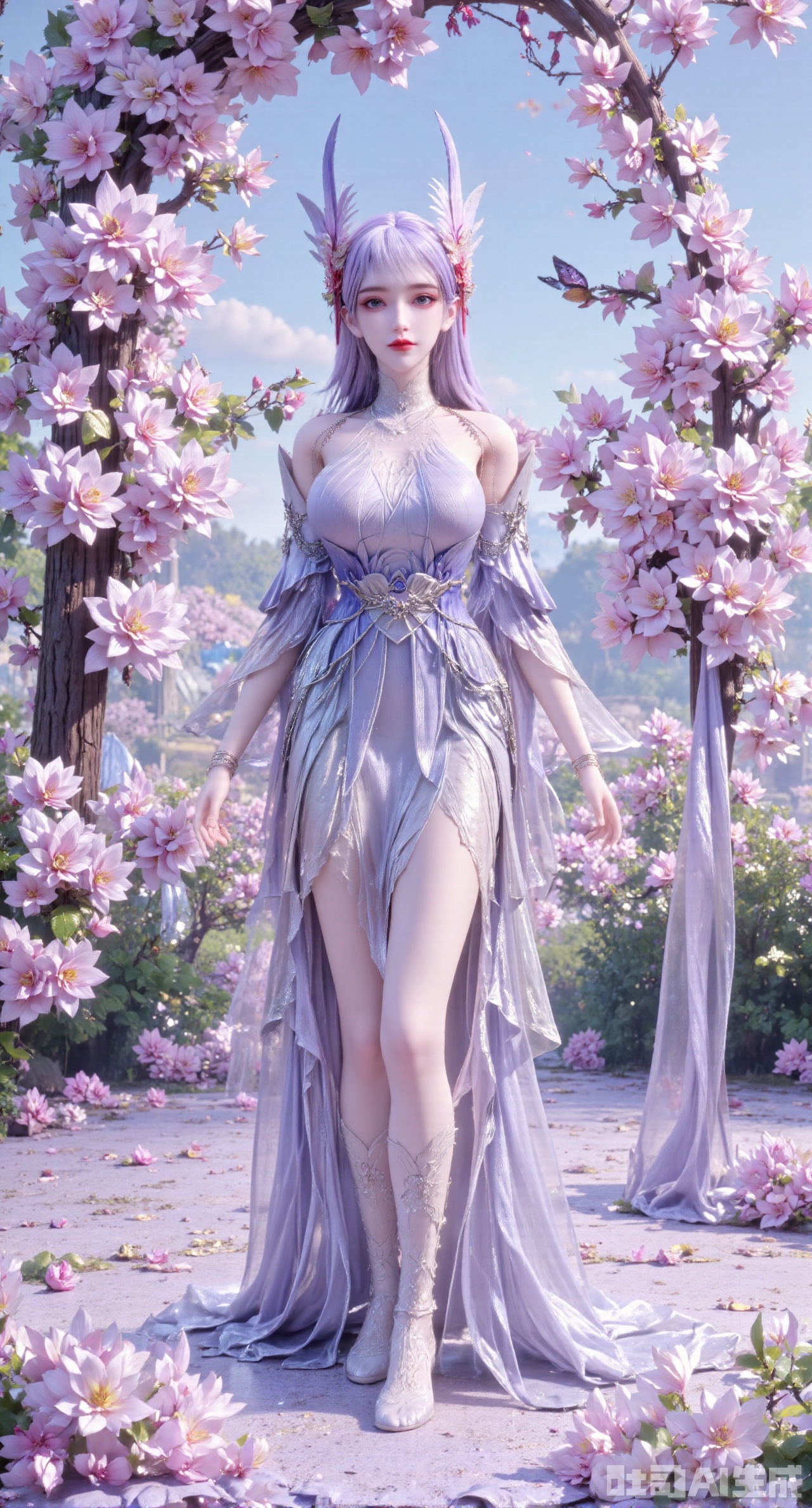 The best quality, ultra-high resolution, masterpiece, original, extremely fine wallpaper, perfect light effect, this is a digital illustration, vertical full-body portrait, densely packed with white flowers, creating a rich and textured background. In the center of the picture, a beautiful Chinese woman is in the white flowers, making her look like she is part of a garden full of flowers. The flowers around her add depth and sense of encirclement to the picture and enhance the layering of the composition. Her stunning white evening gown echoes the purity and elegance of the surrounding flowers. The woman was facing the camera, among the lush flowers, her eyes were charming and quiet. The dense floral background and capture of the woman's whole body highlight the exquisite fusion of human elegance and nature. The long white hair is straight, the picture has blur and halo effects, and butterflies embellish it. She has an angel's beautiful face and a perfect female figure (a skirt composed of flowers, intensity coefficient, translucent body, transparent petals, glowing petals, gradient effect, contour light, particles, award-winning artwork. She has fair skin tone, fine black details and soft and flowing hair carefully combed to complex hair accessories, with gorgeous details. She is in a bright garden with gorgeous flowers, a blue sky, and deep and rich tones.), her head is decorated with exquisite and complex hair accessories, and some tulle fabrics naturally hang down, creating a dreamy feeling, exquisite and unique. The overall look shows the beauty and tenderness of a girl, just like a fairy in a fairy tale, exuding charm. This charming character is portrayed in a surreal style. She has elegant movements, and the overall style of this illustration is extremely delicate, focusing on the combination of realistic and fantasy elements.,XlinziyueYH,Xbigbreasts